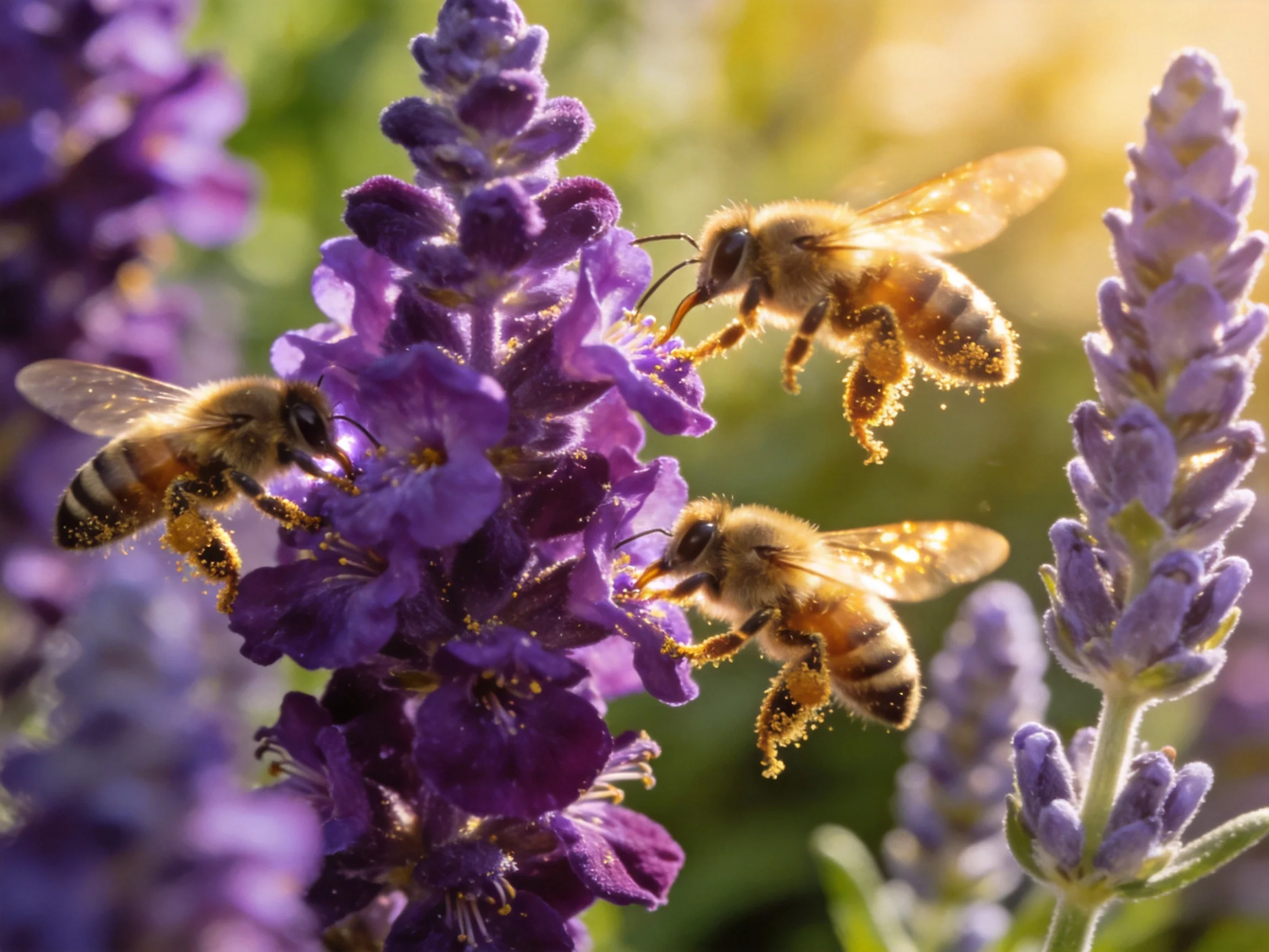 Three honeybees collecting nectar from vibrant purple lavender blooms