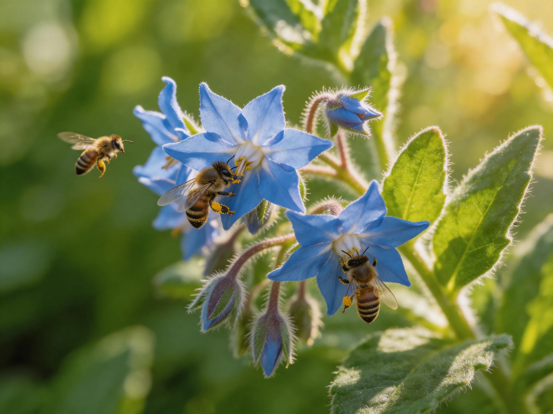 Three honeybees gather nectar from bright blue borage flowers with green foliage