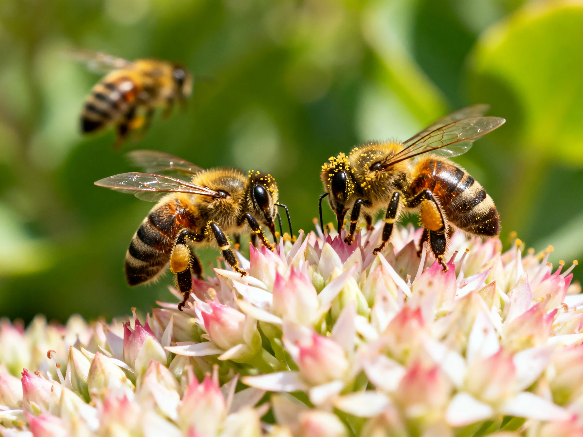 Three honeybees gather nectar from pink-tipped blooms