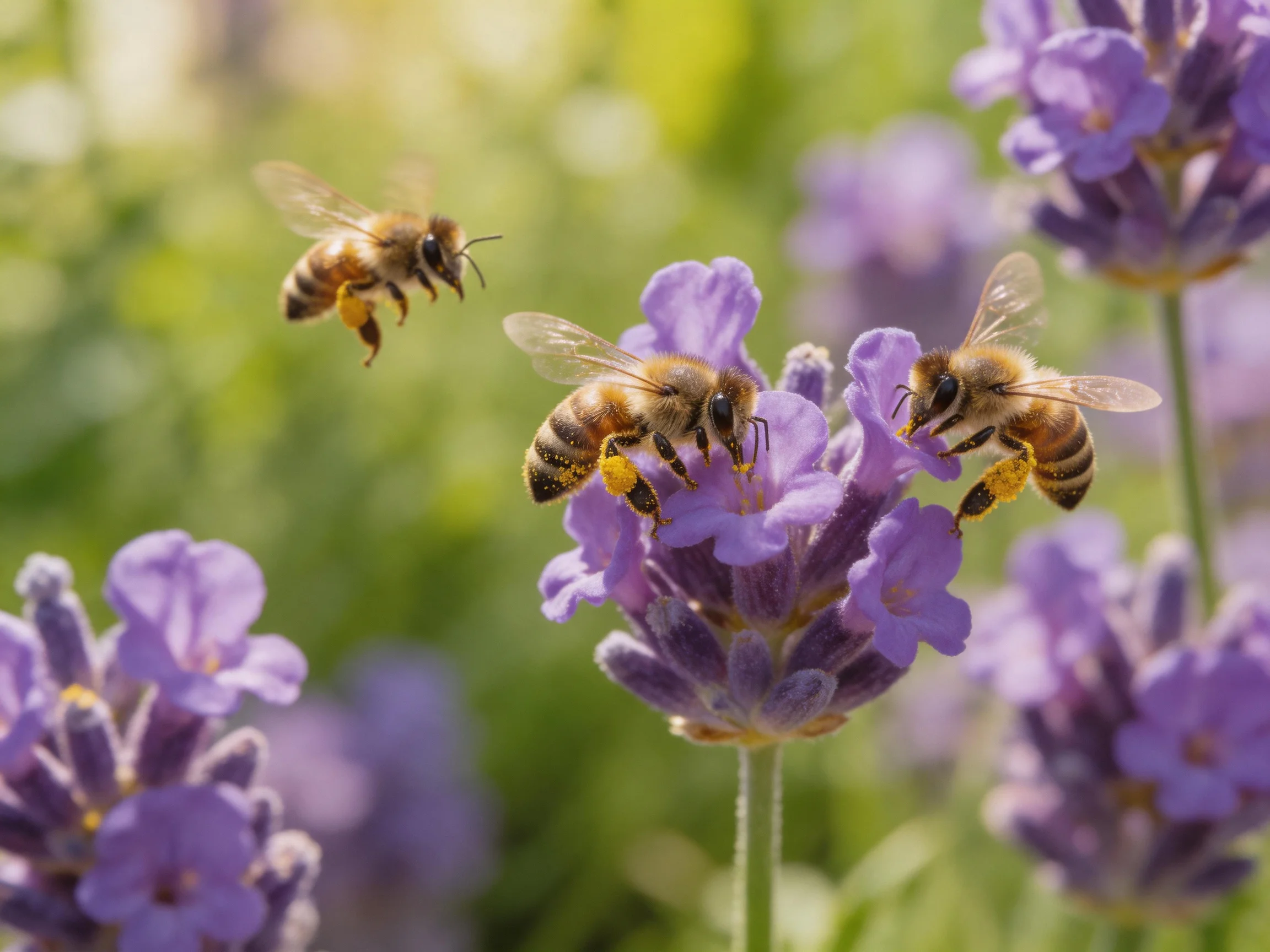 Three honeybees gather nectar from vibrant purple lavender flowers