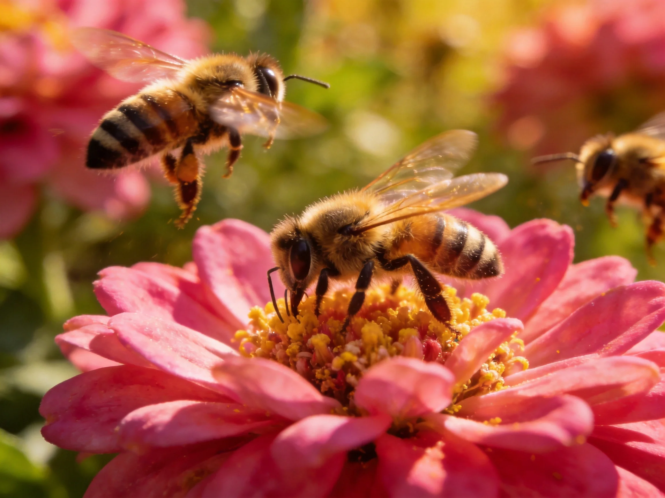Three honeybees gathering nectar from a vibrant pink flower