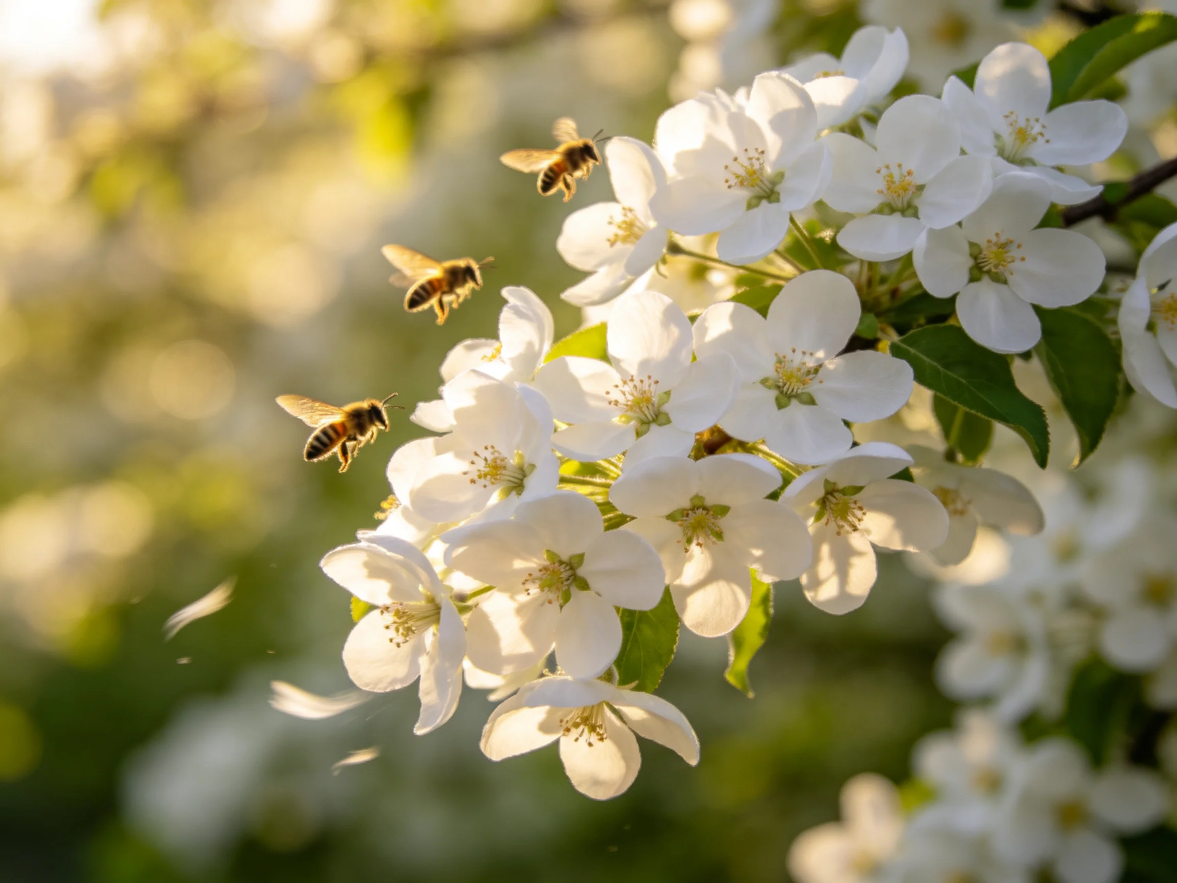 Three honeybees hover near delicate white blossoms in golden light