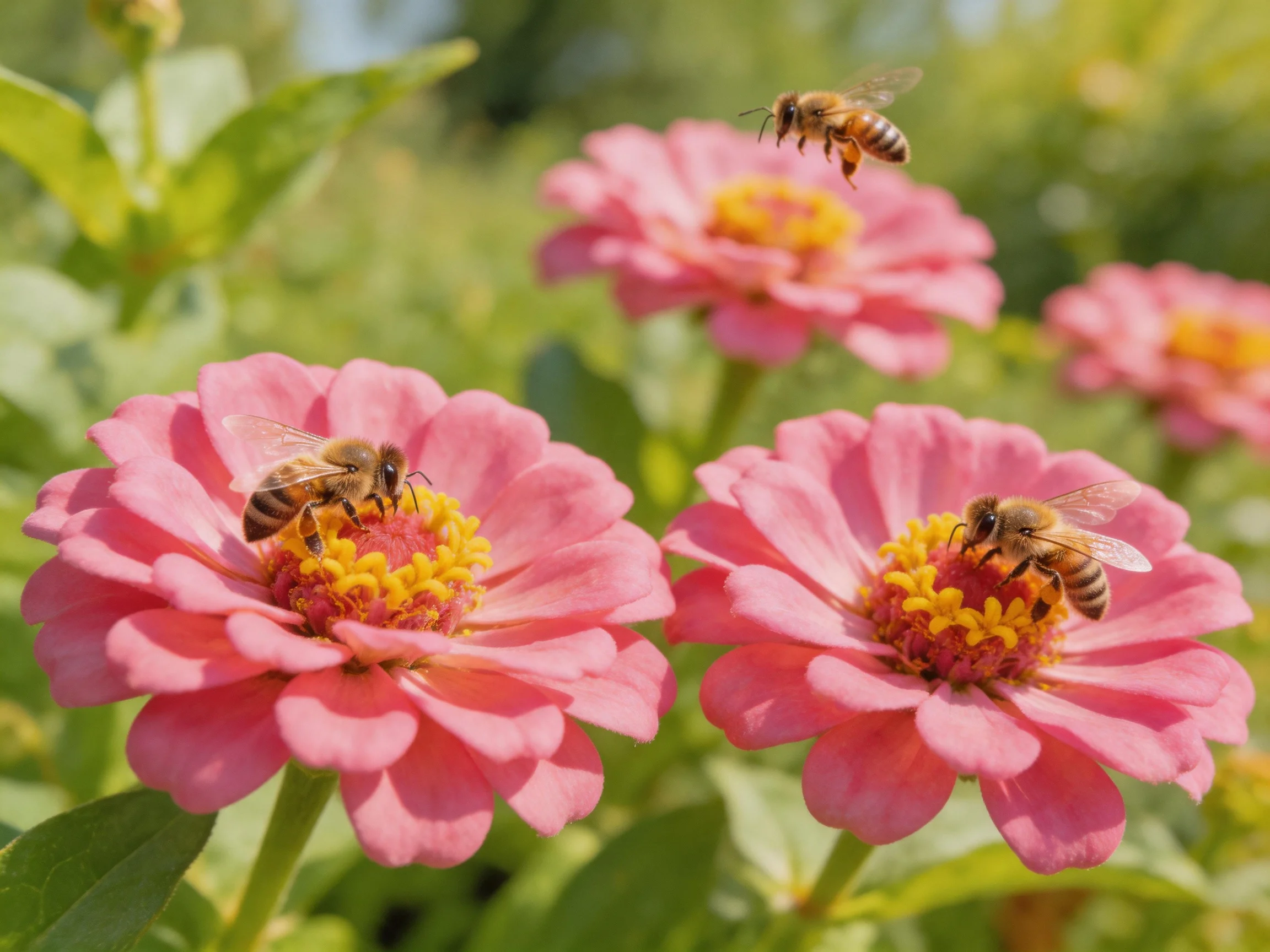 Three honeybees interact with vibrant pink zinnias in a sunlit garden