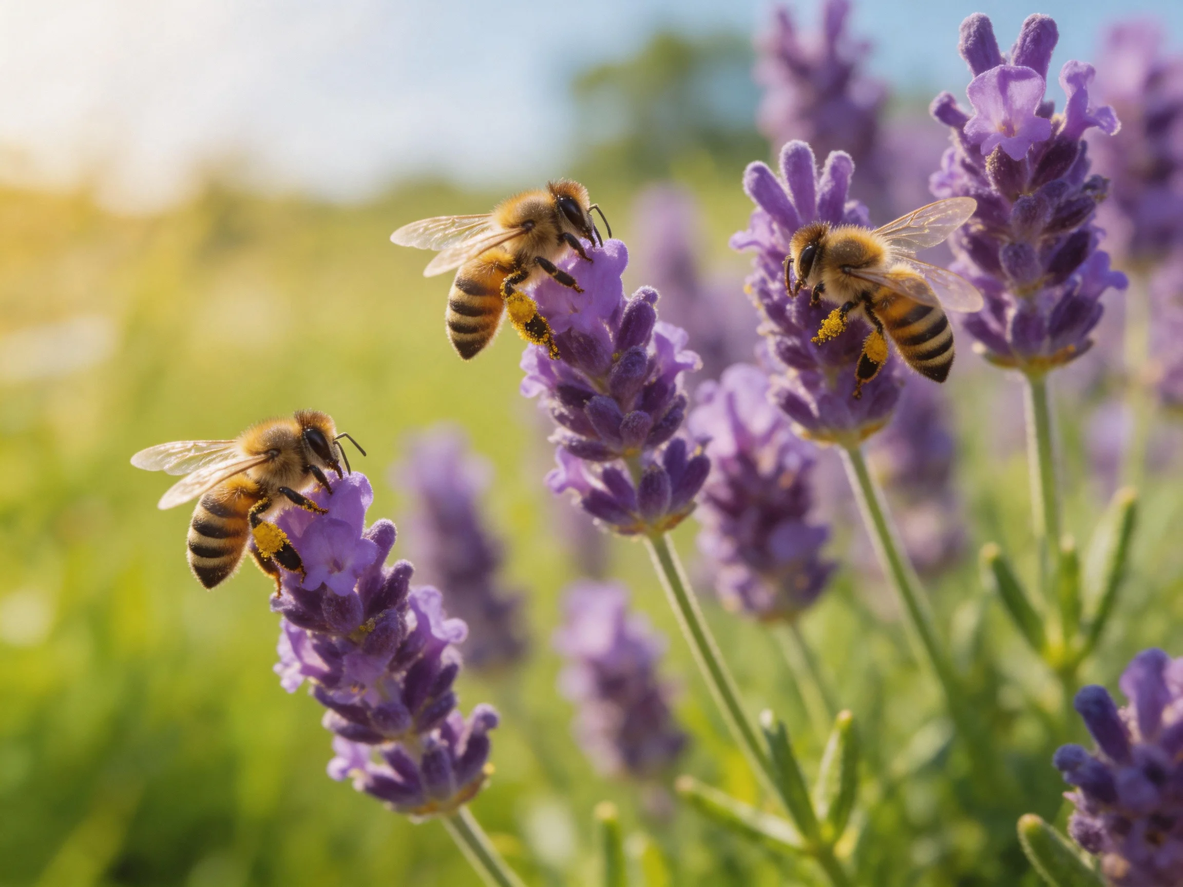 Three honeybees pollinate vibrant purple lavender blooms in a sunny field