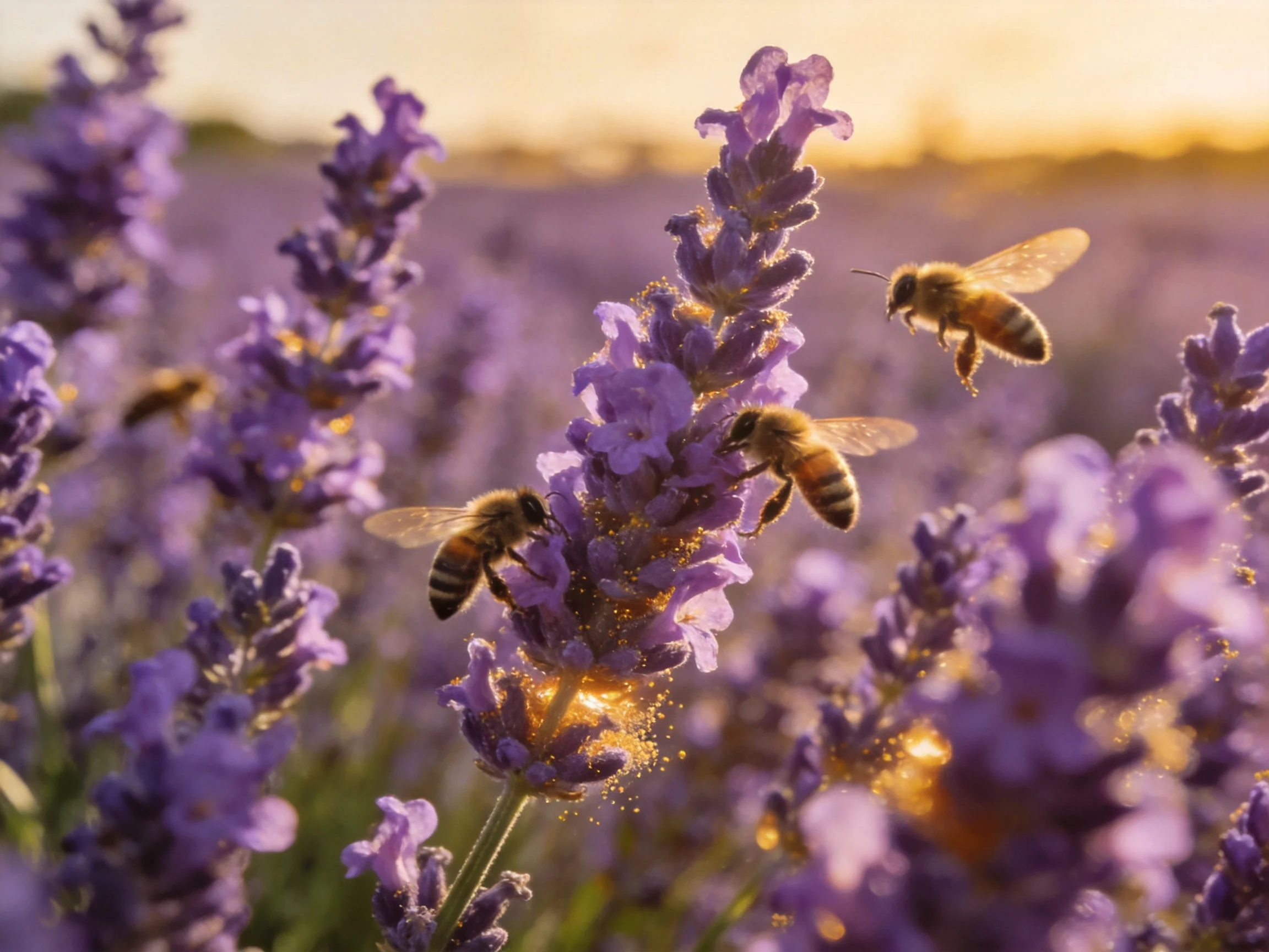 Three honeybees pollinate vibrant purple lavender fields at sunset