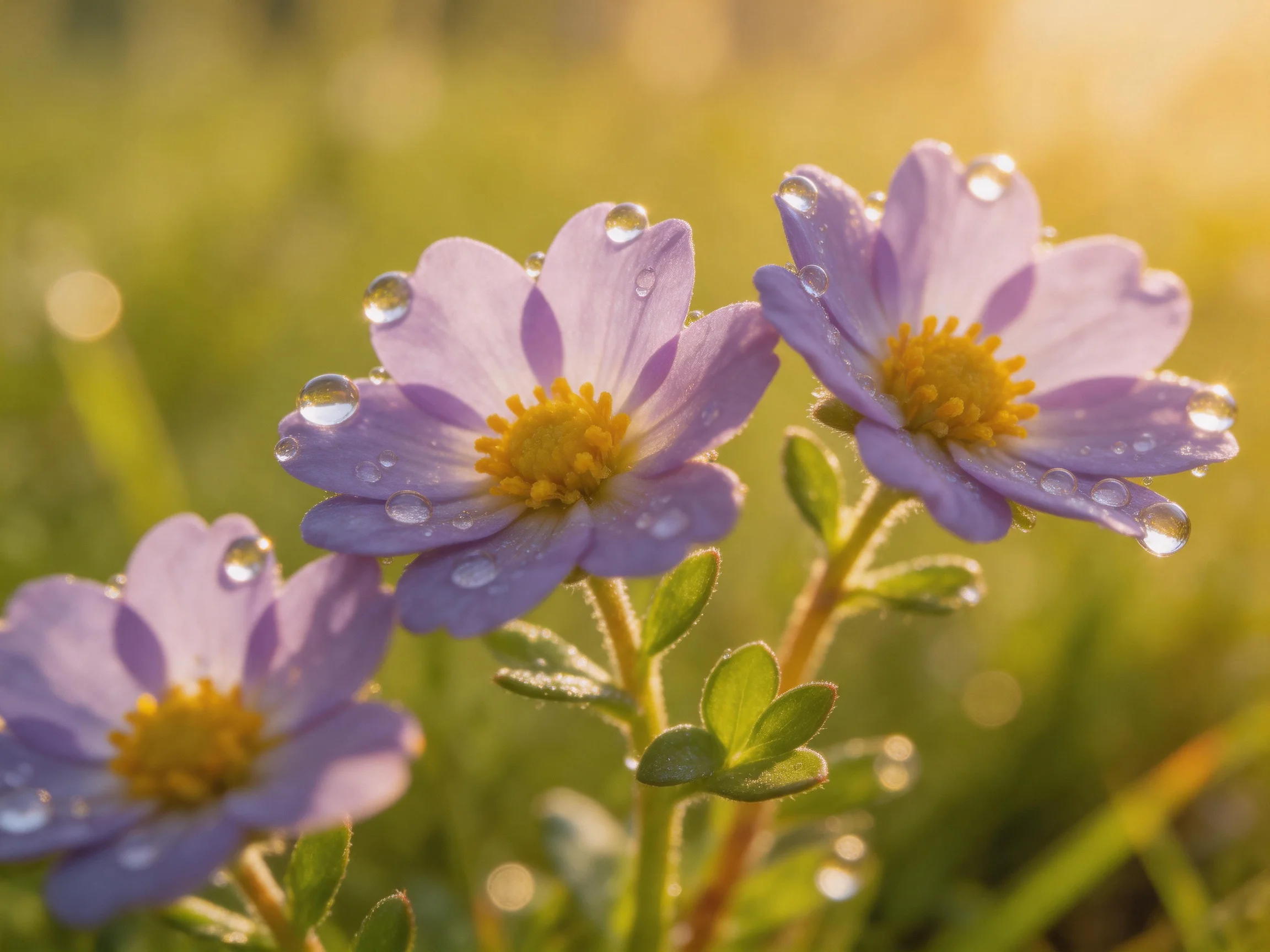 Three lavender blooms with dewdrops among green foliage under warm sunlight
