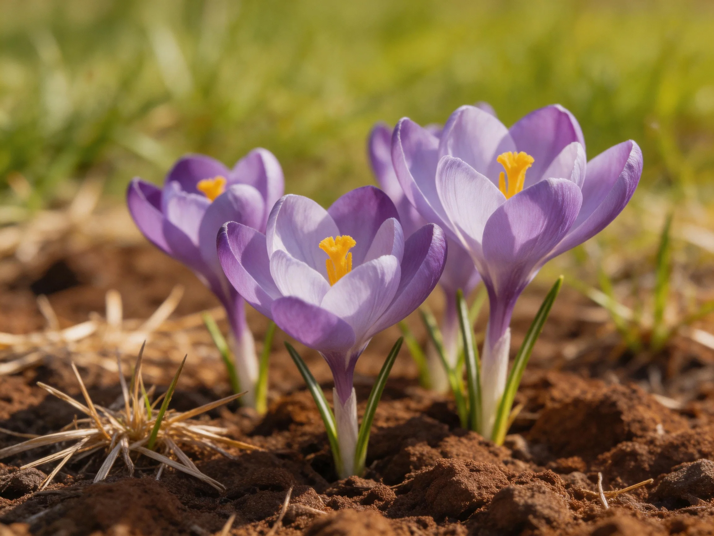 Three lavender crocus flowers bloom amid brown earth and green grass