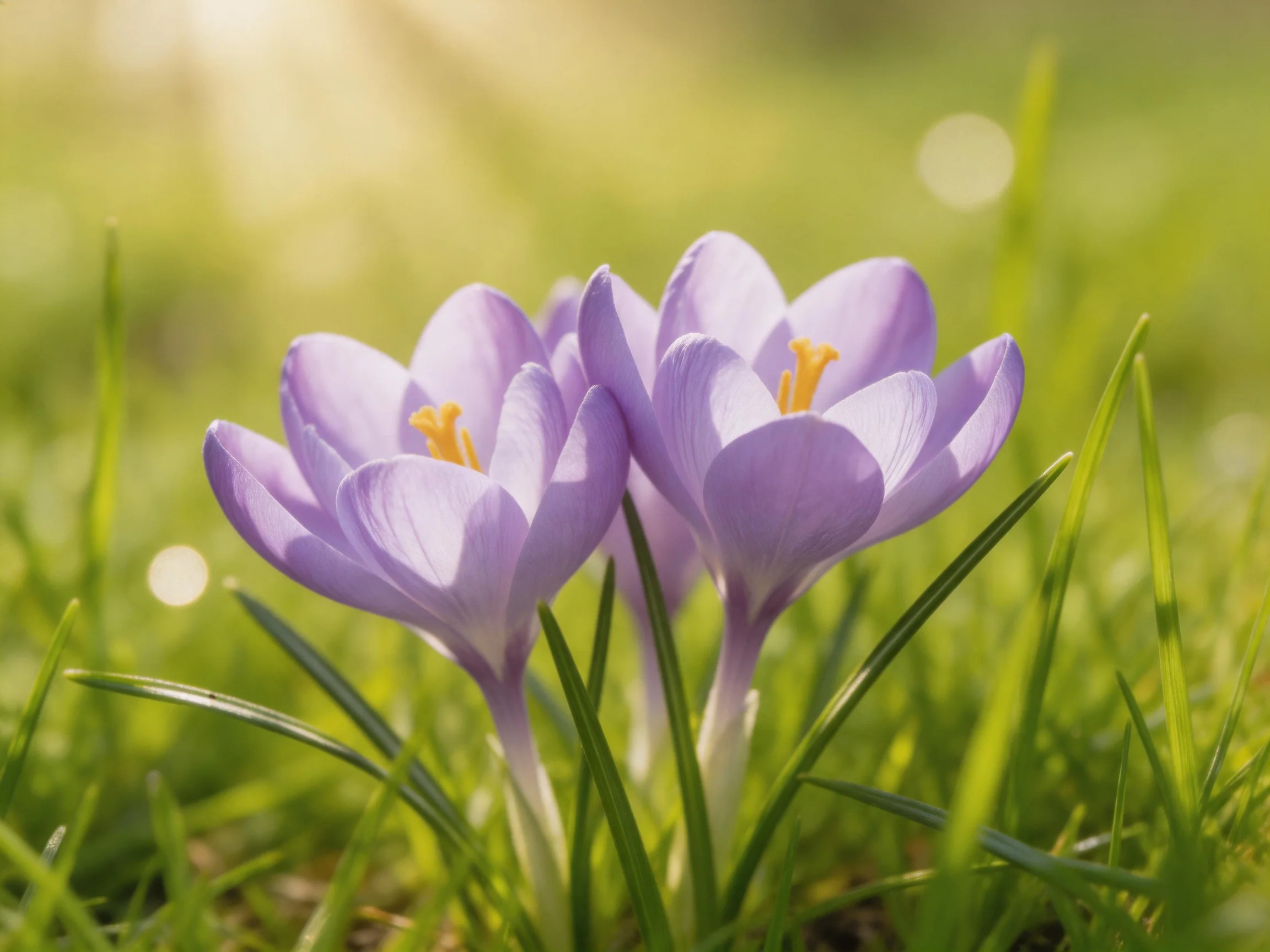 Three lavender crocus flowers bloom amid lush green grass with warm sunlight