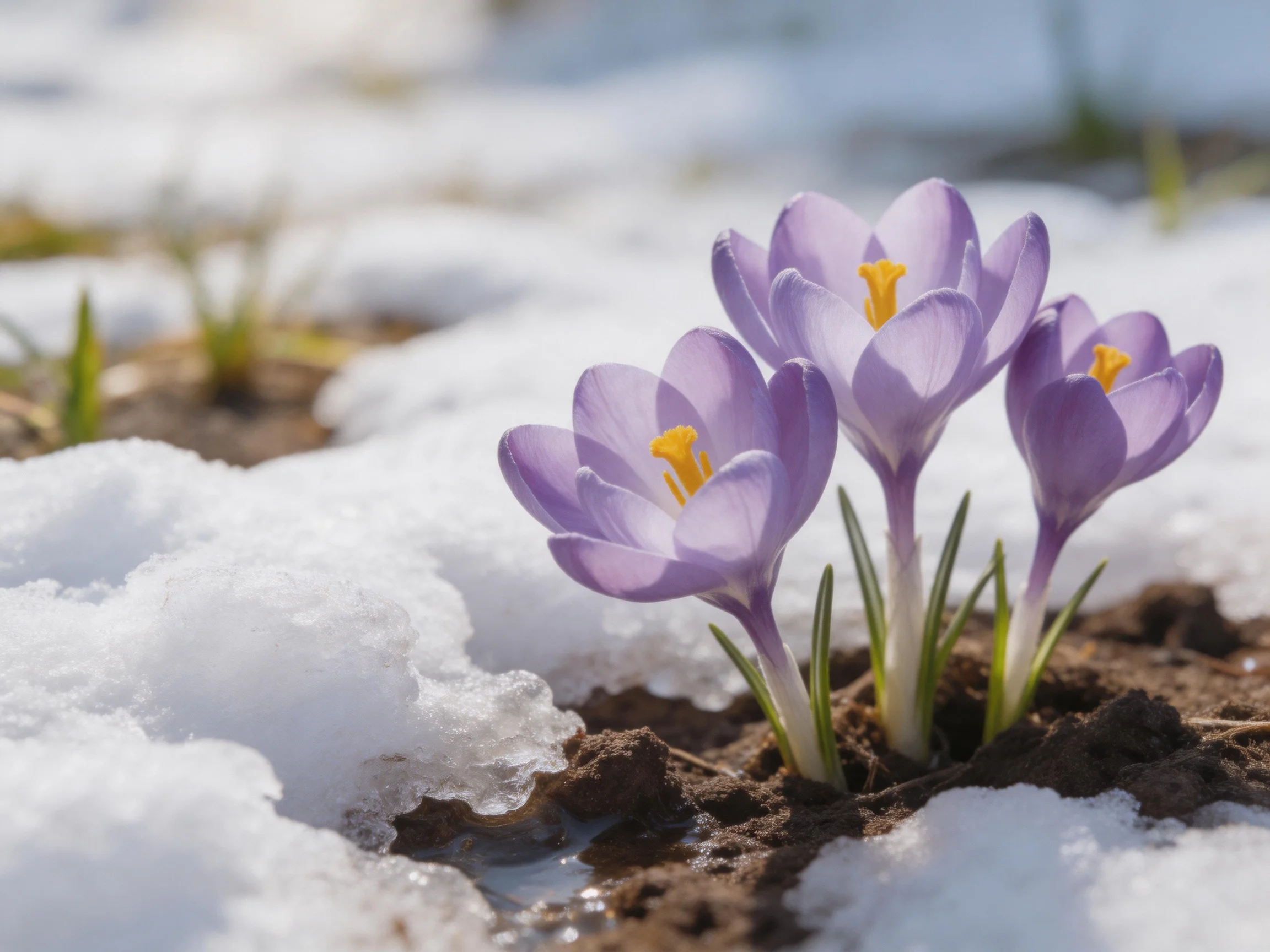 Three lavender crocus flowers bloom through melting winter snow