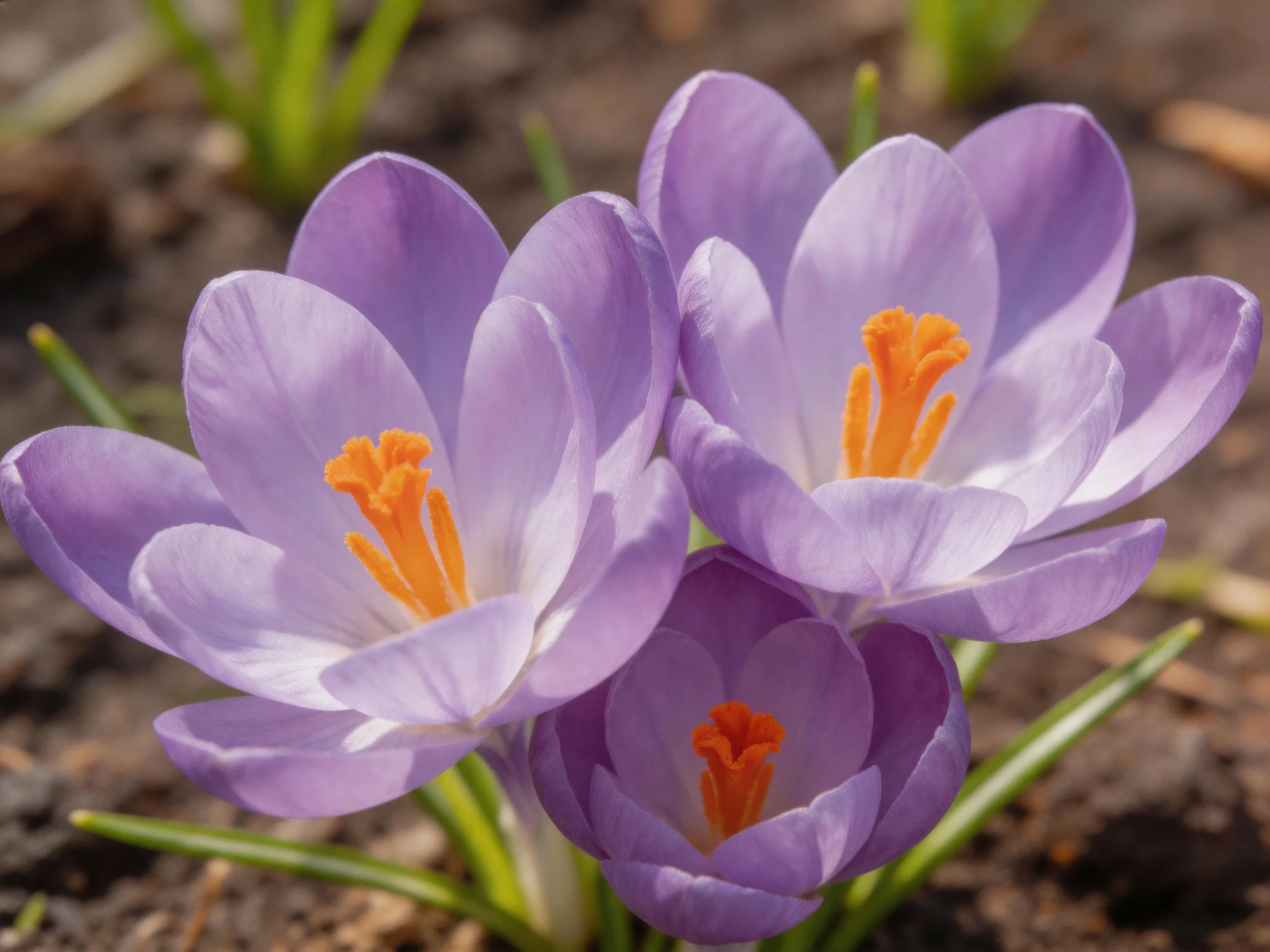 Three lavender crocuses bloom with bright orange stamens in earthy soil