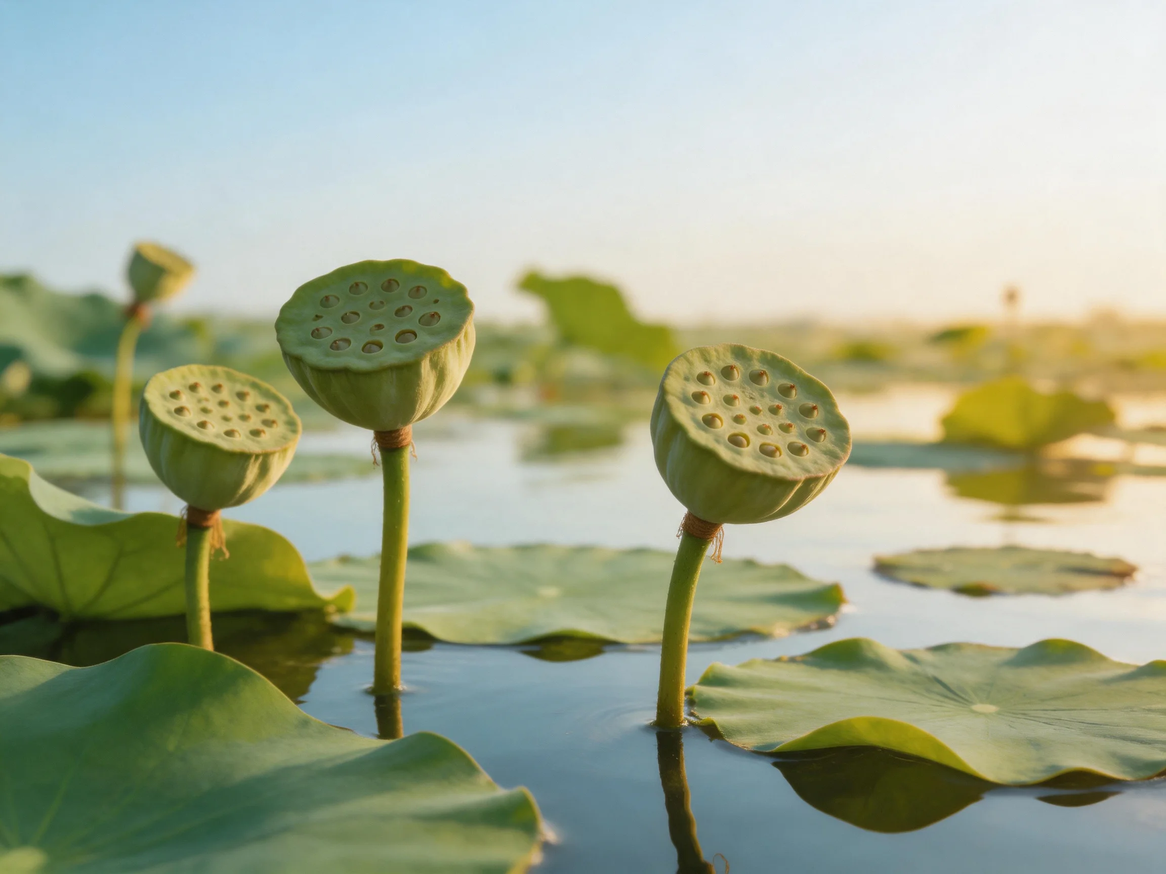 Three lotus seed pods and broad green lily pads in calm water