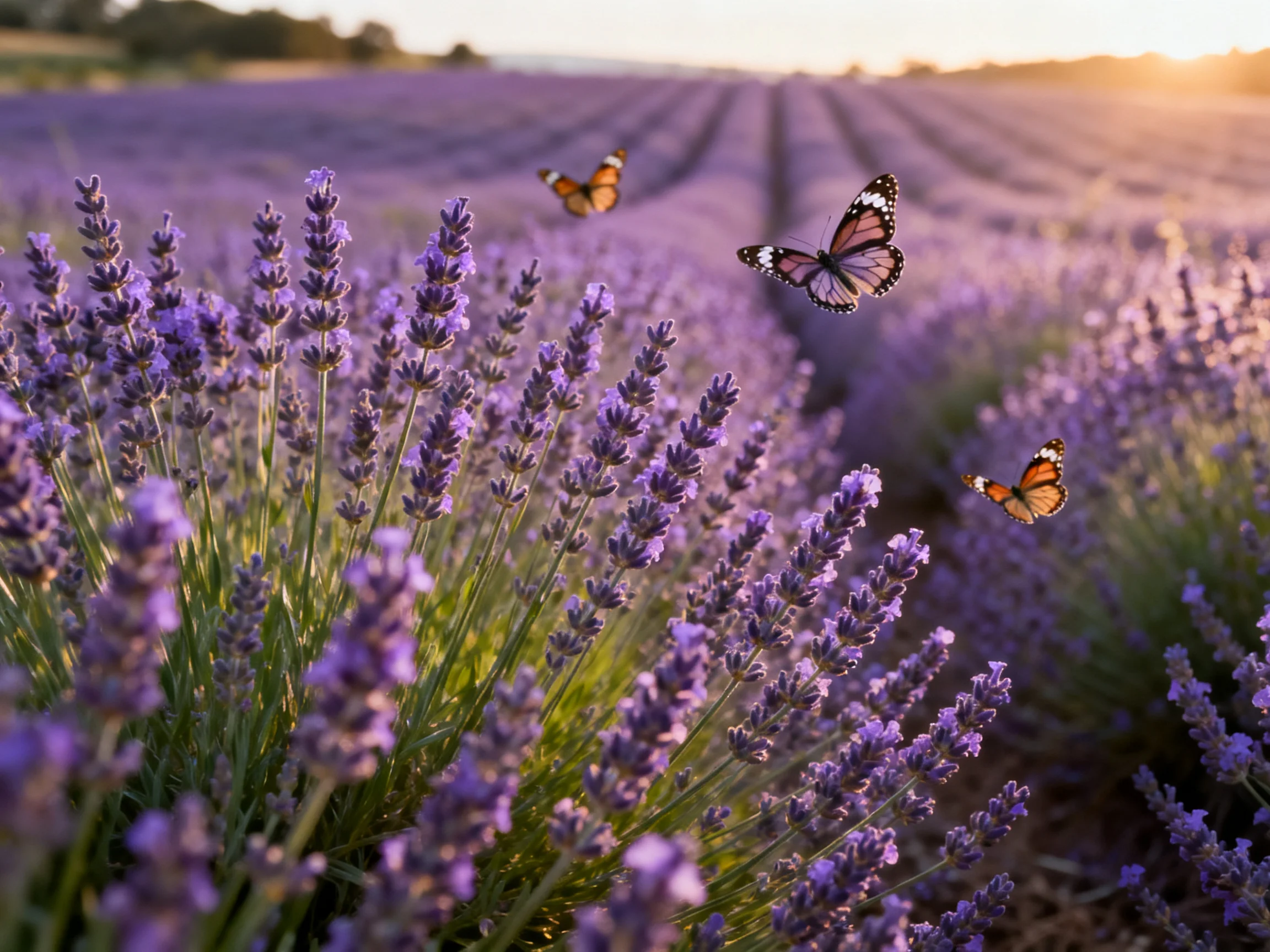 Three monarch butterflies fluttering over a vast lavender field at sunset