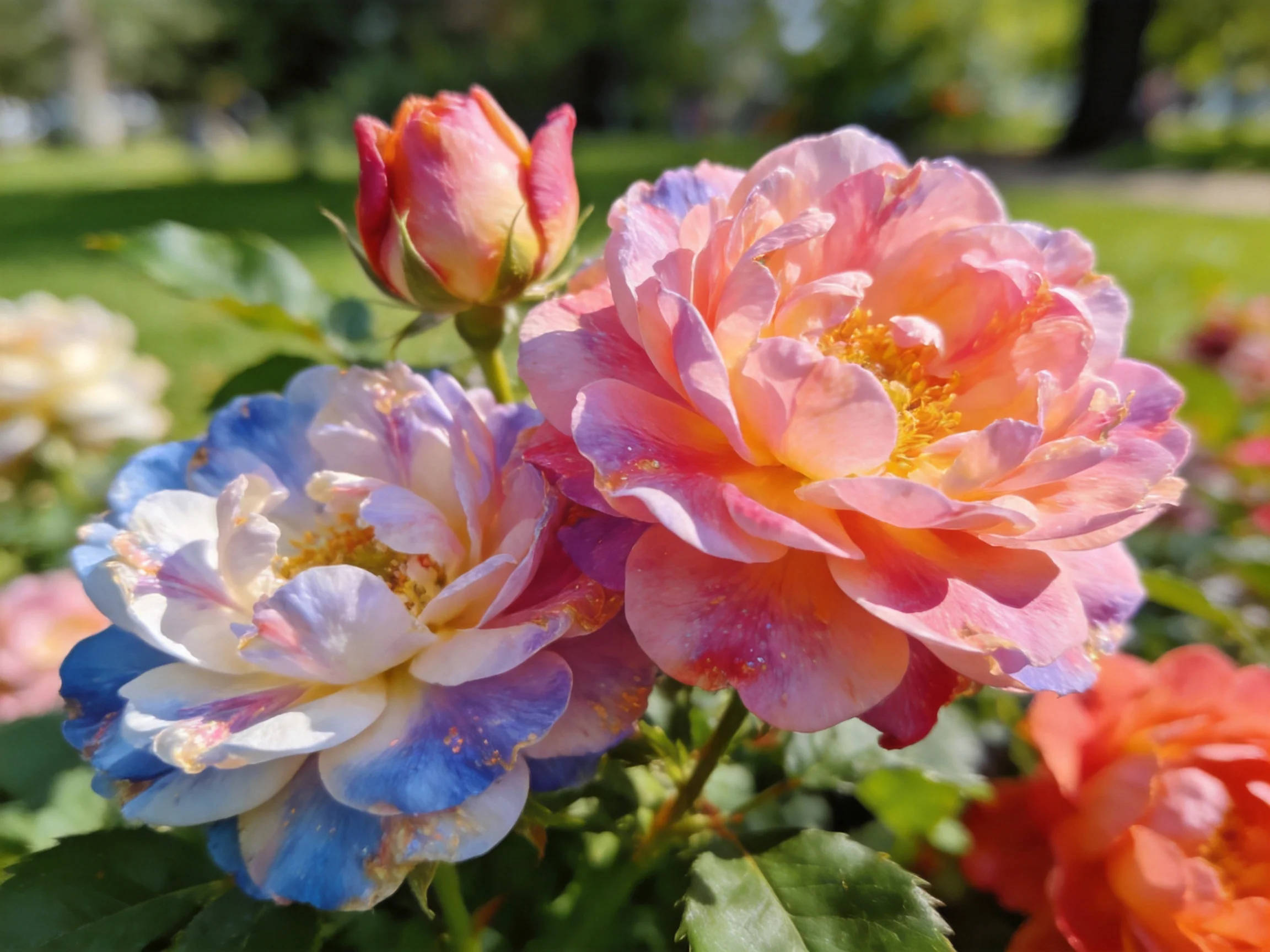 Three multicolored roses bloom in a sunlit garden