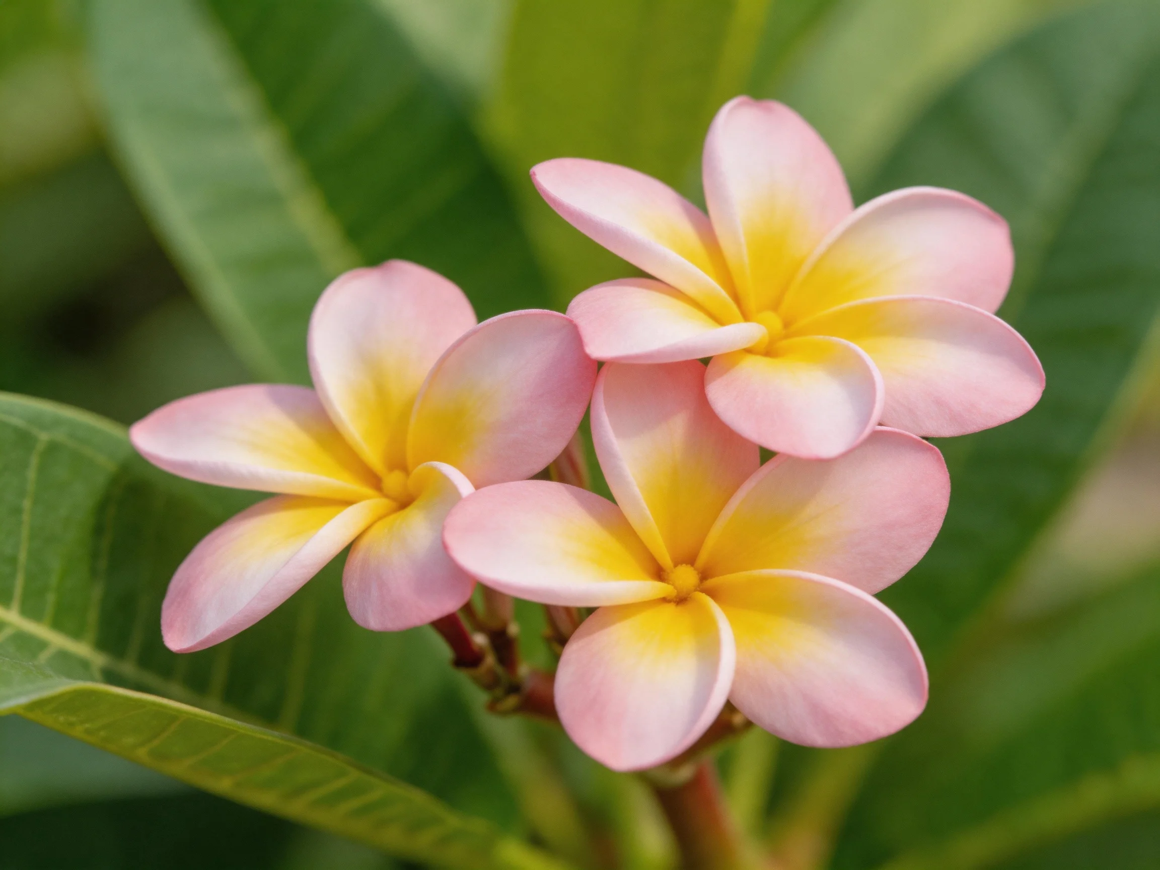 Three pink and yellow plumeria flowers with yellow centers among large green leaves