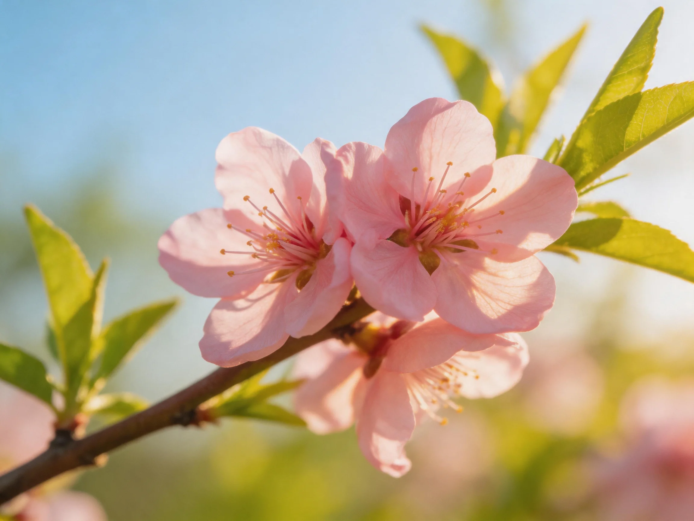 Three pink blossoms bloom on a branch with fresh green leaves under sunny skies