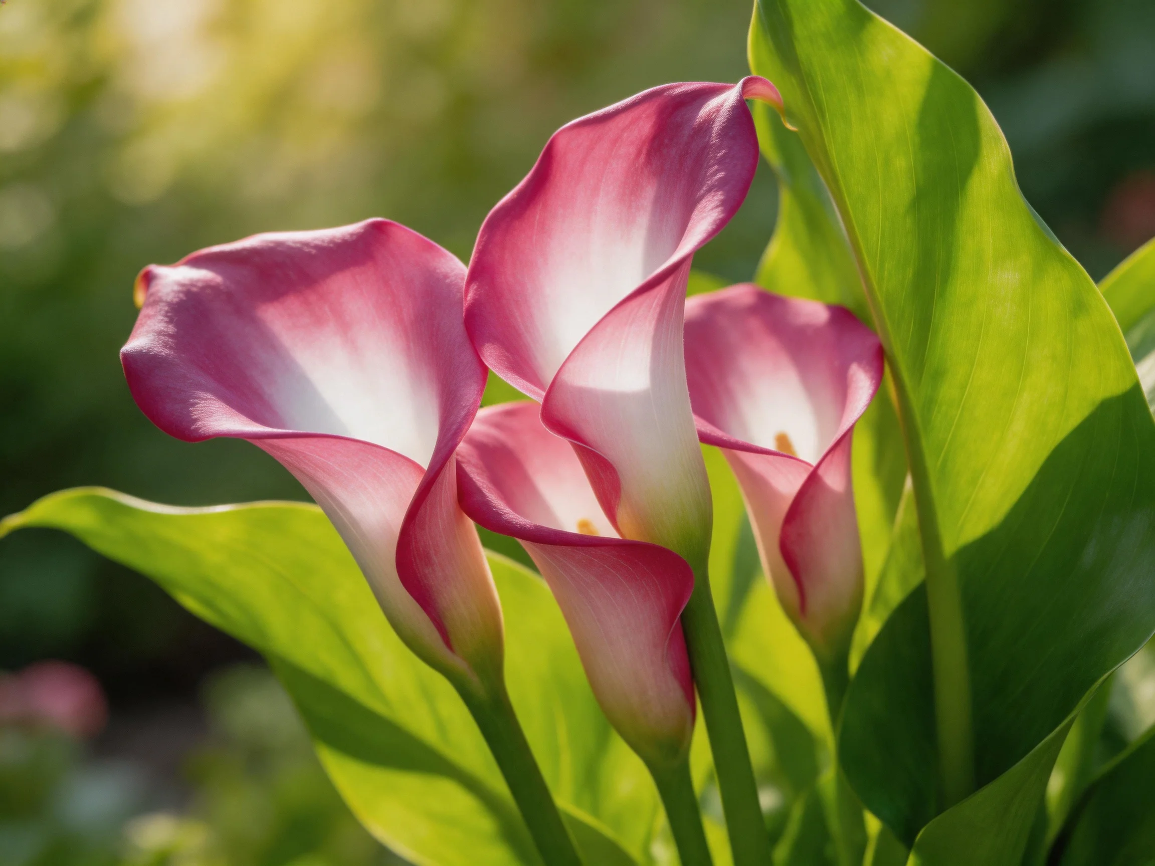 Three pink calla lilies bloom among vibrant green foliage
