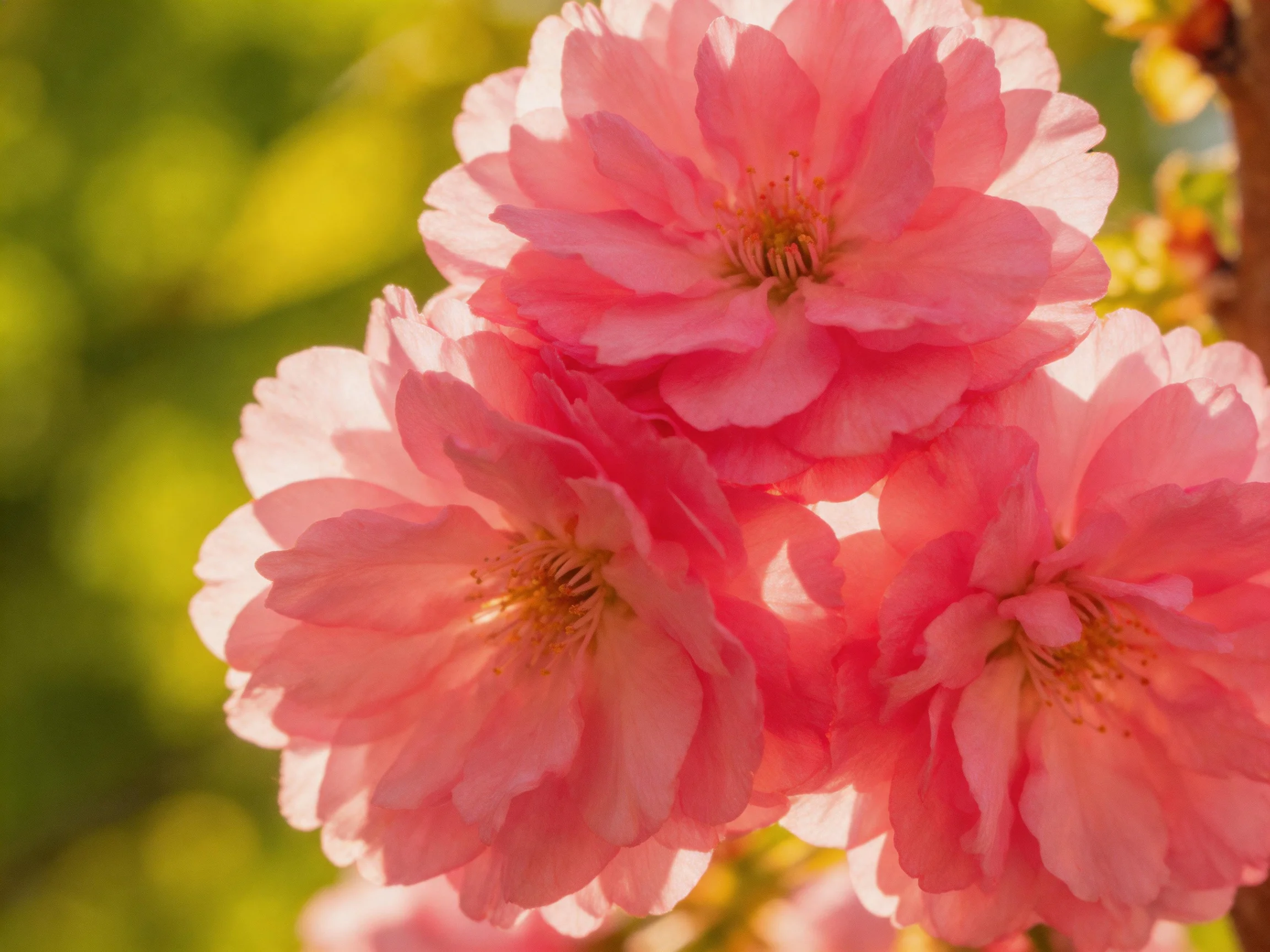 Three pink cherry blossoms with layered petals