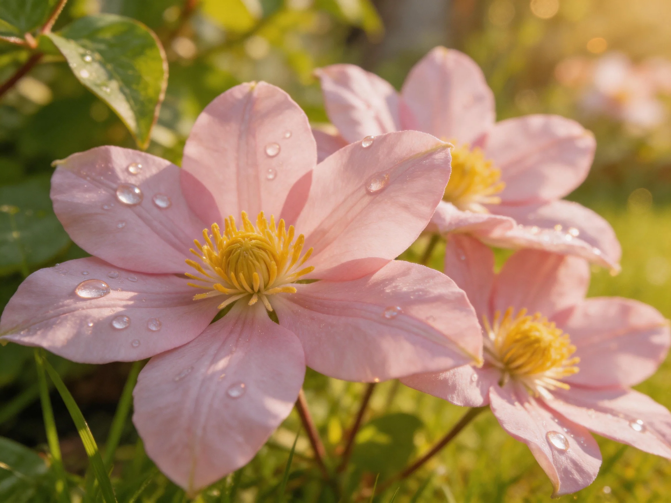 Three pink clematis blooms with dewdrops in sunlight