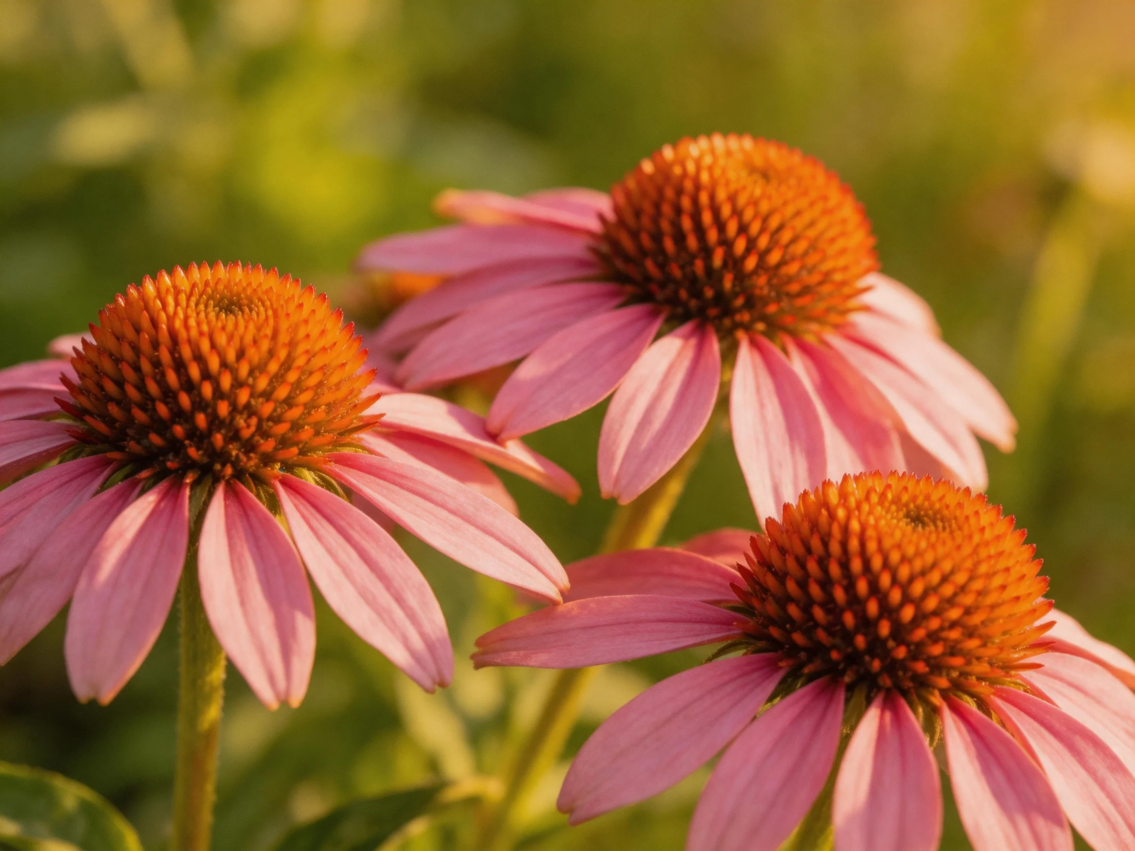 Three pink coneflowers with bright orange centers bloom in a sun-dappled garden
