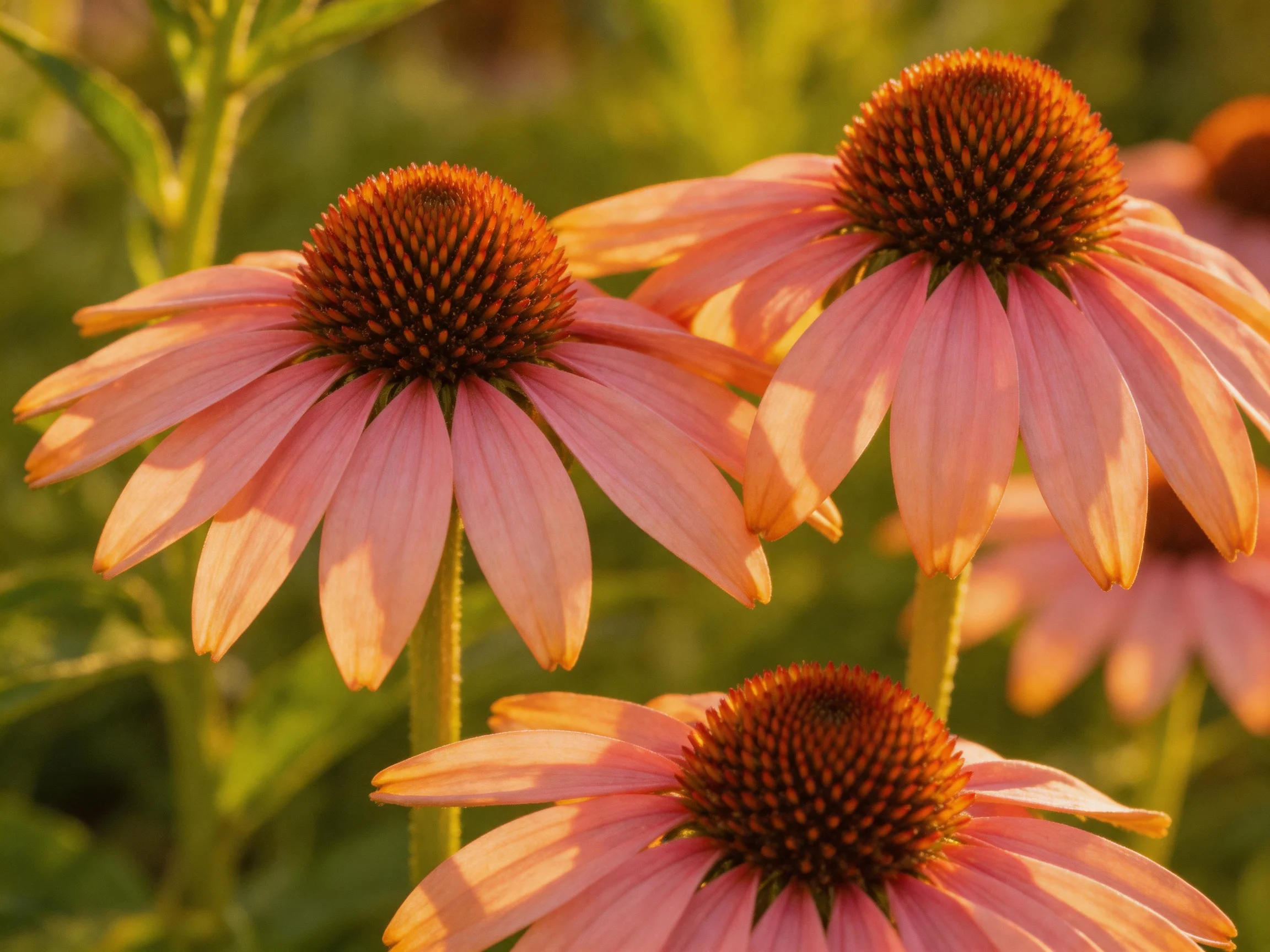 Three pink coneflowers with brown centers bloom in a sunlit garden