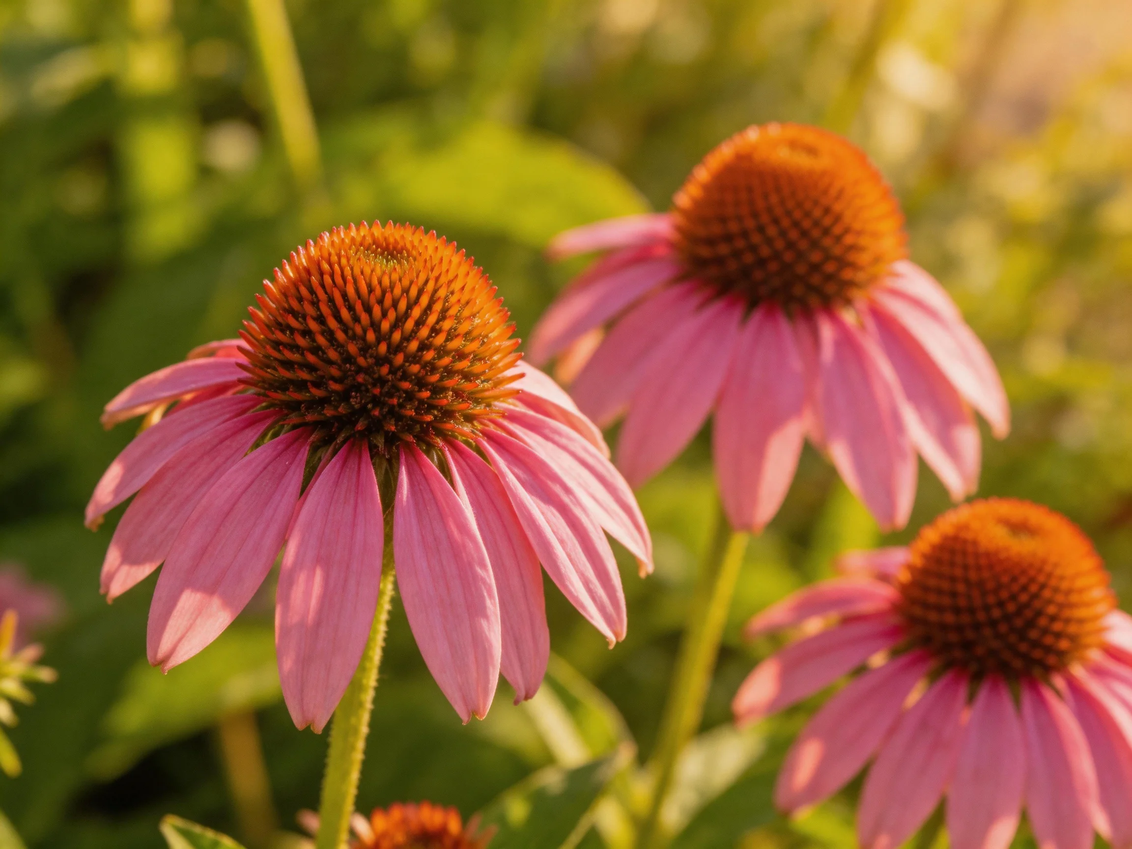 Three pink coneflowers with brown centers bloom in soft sunlight