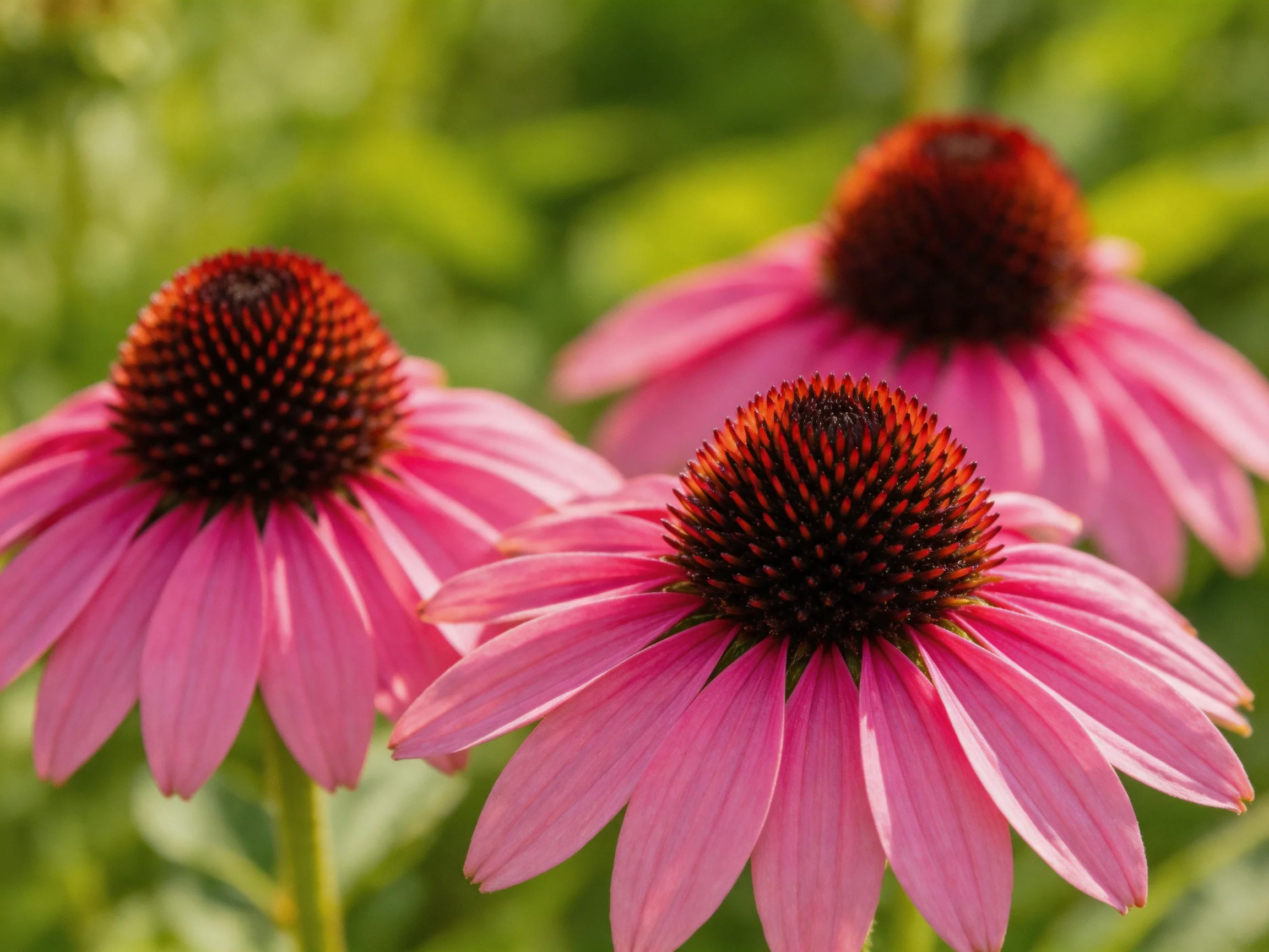 Three pink coneflowers bloom among a blurred green background.