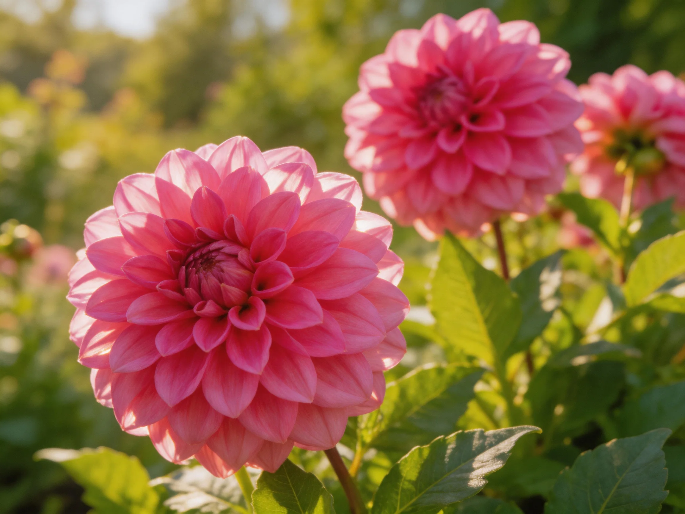 Three pink dahlia blooms amidst lush greenery in a sunlit garden