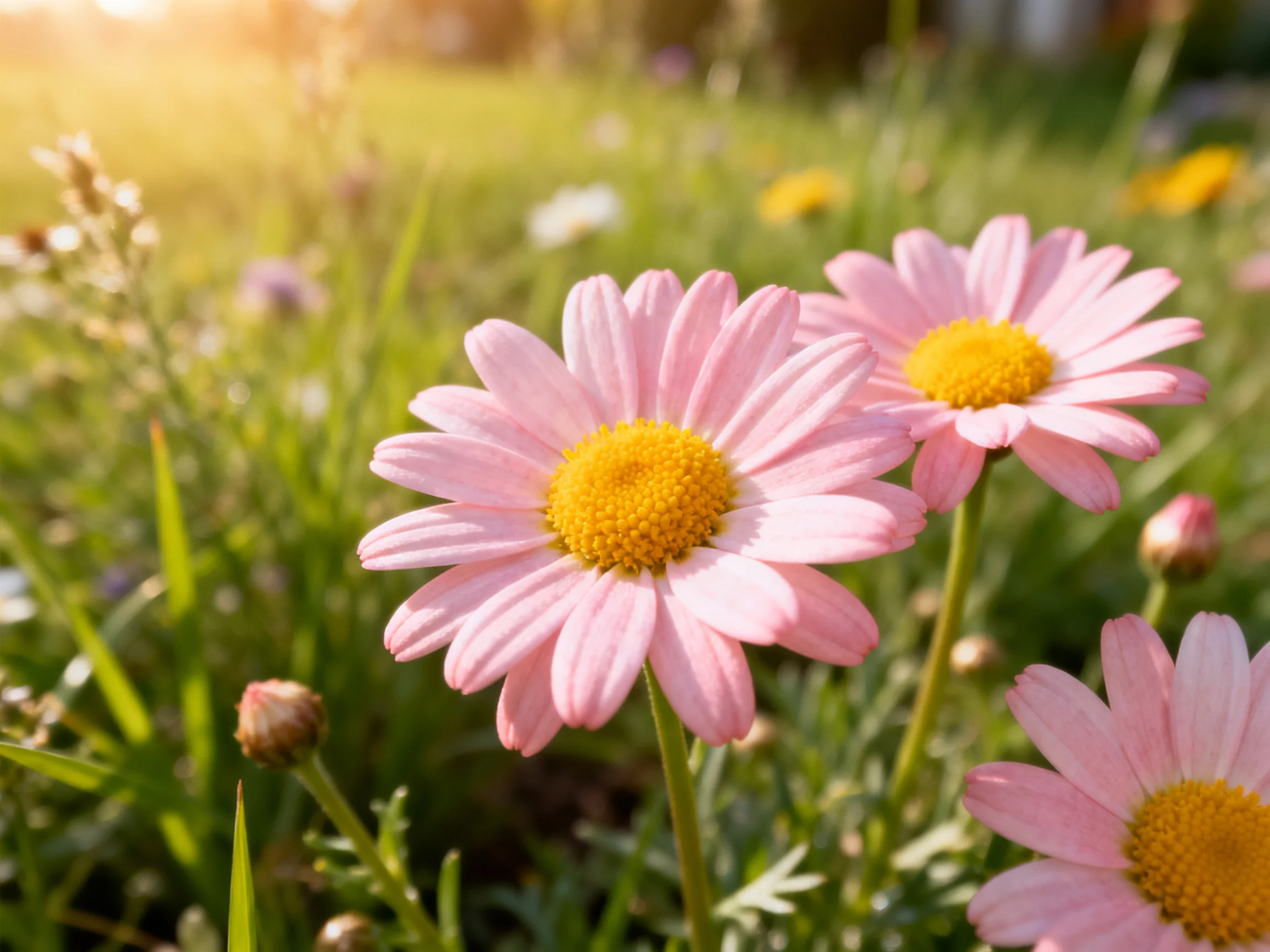 Three pink daisies with yellow centers bloom in a sunlit meadow