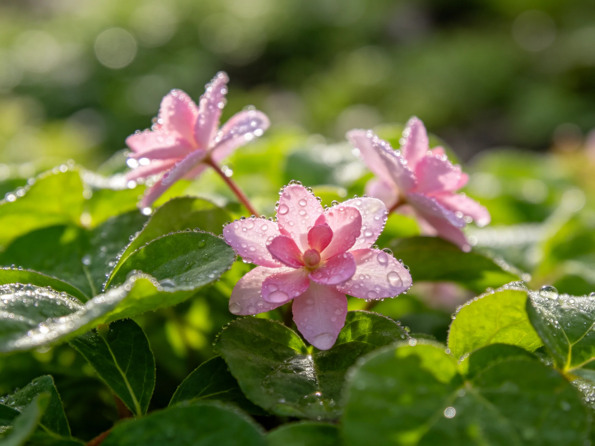 Three pink flowers with dewdrops amid lush green foliage