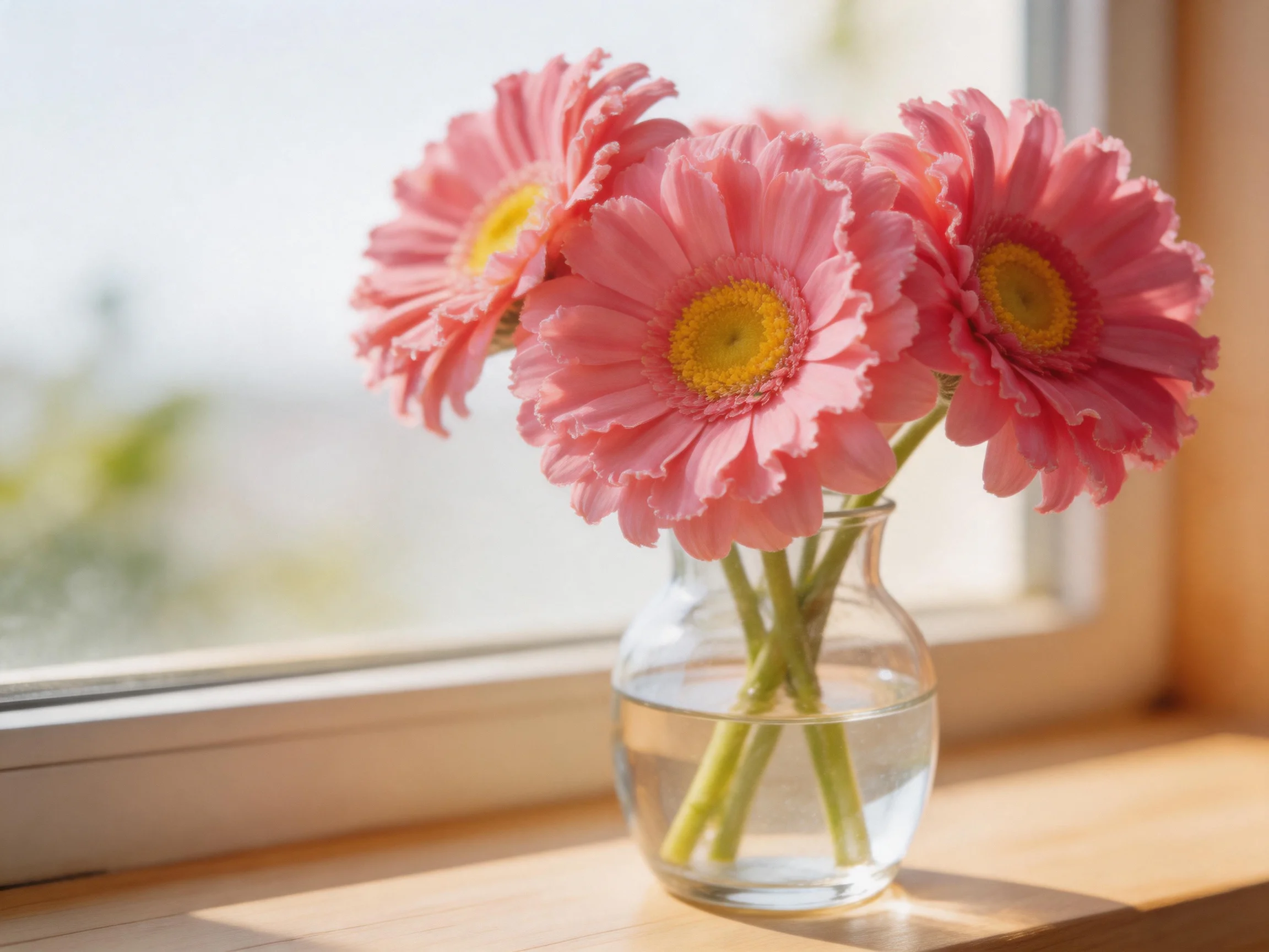 Three pink gerbera daisies in a small clear glass vase near a bright window