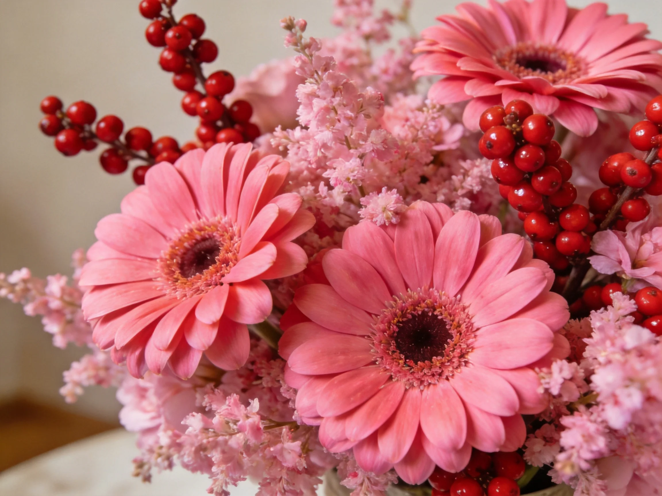 Three pink gerbera daisies, red berries, and soft pink flowers