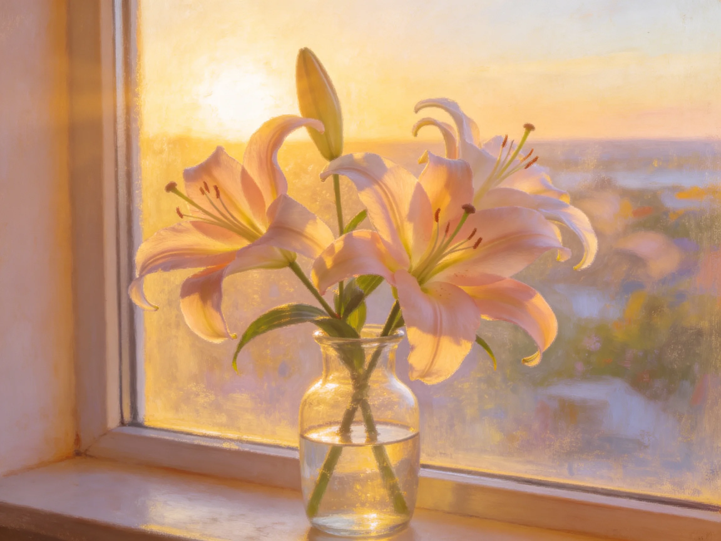 Three pink lilies in a glass vase beside a sunlit window