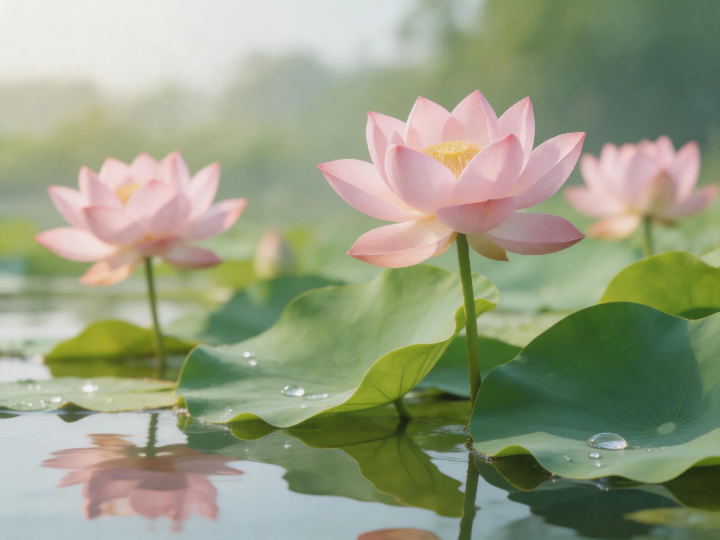 Three pink lotuses bloom among large green lily pads in calm water