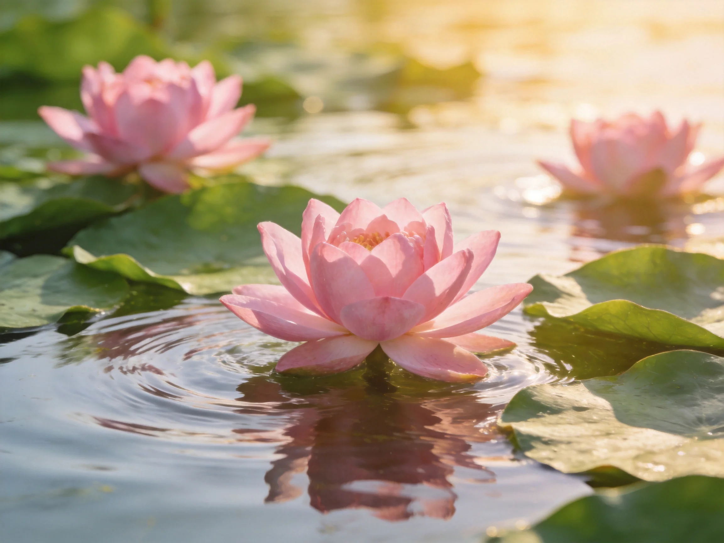 Three pink lotuses float among green lily pads in sunlit water
