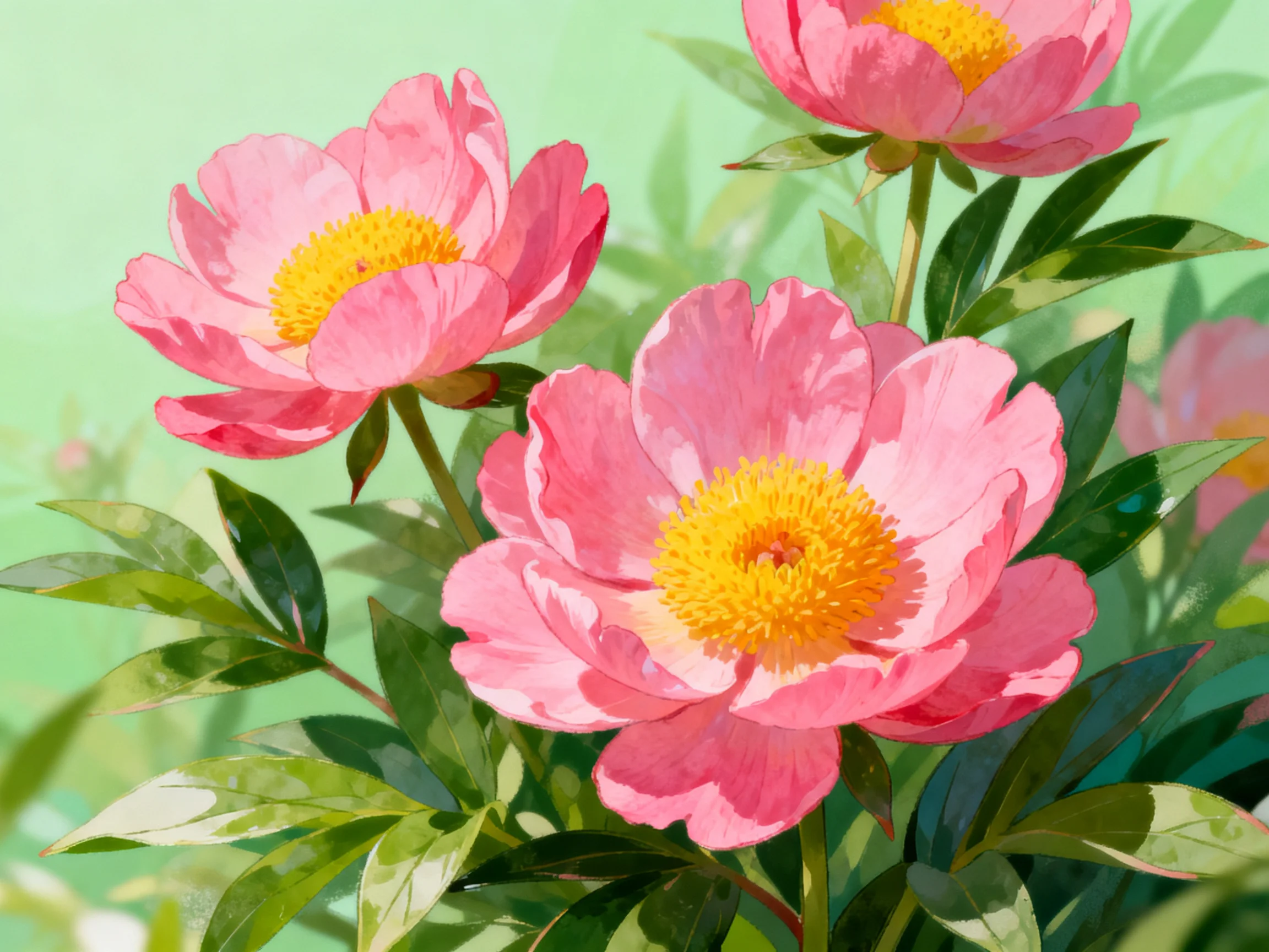 Three pink peonies with yellow centers amid lush green foliage