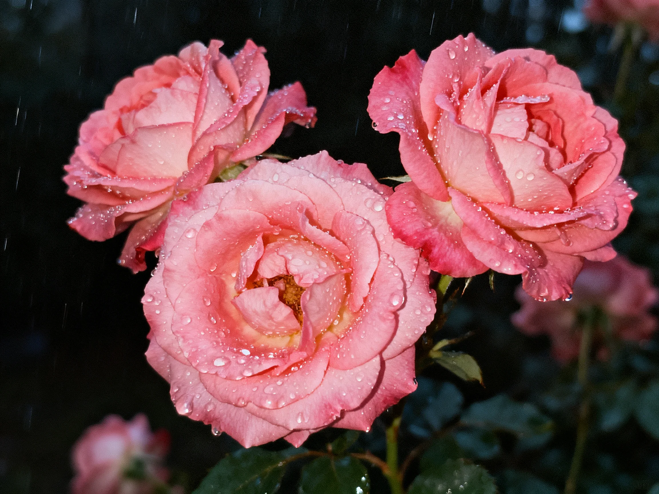 Three pink roses adorned with raindrops, set against a dark background