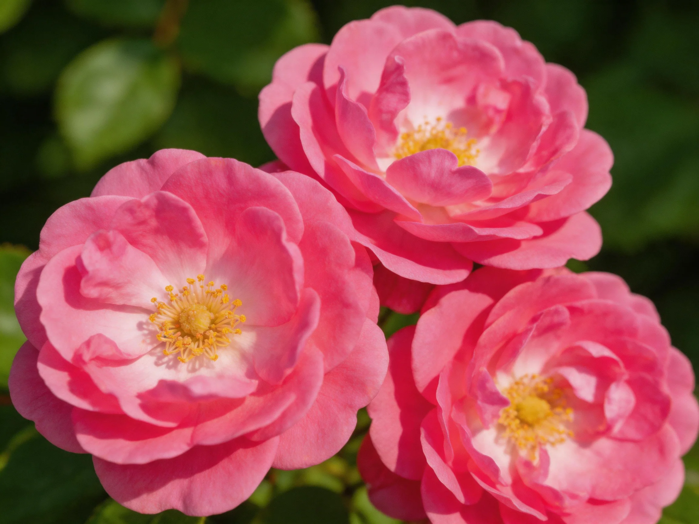 Three pink roses with yellow centers bloom near dark green foliage