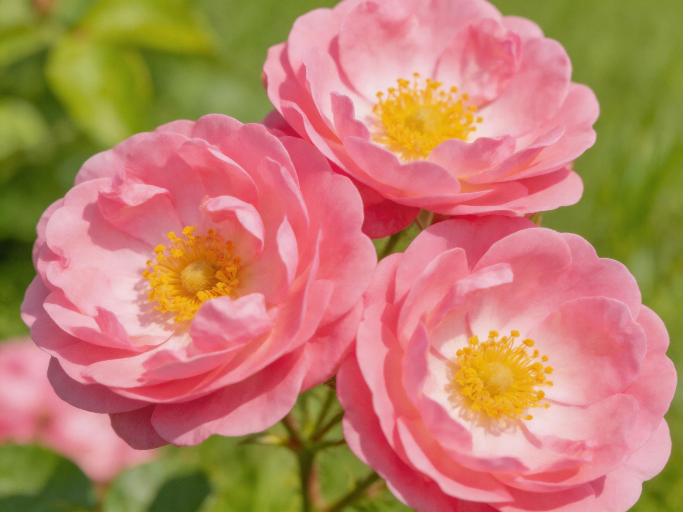 Three pink roses with yellow centers set against greenery