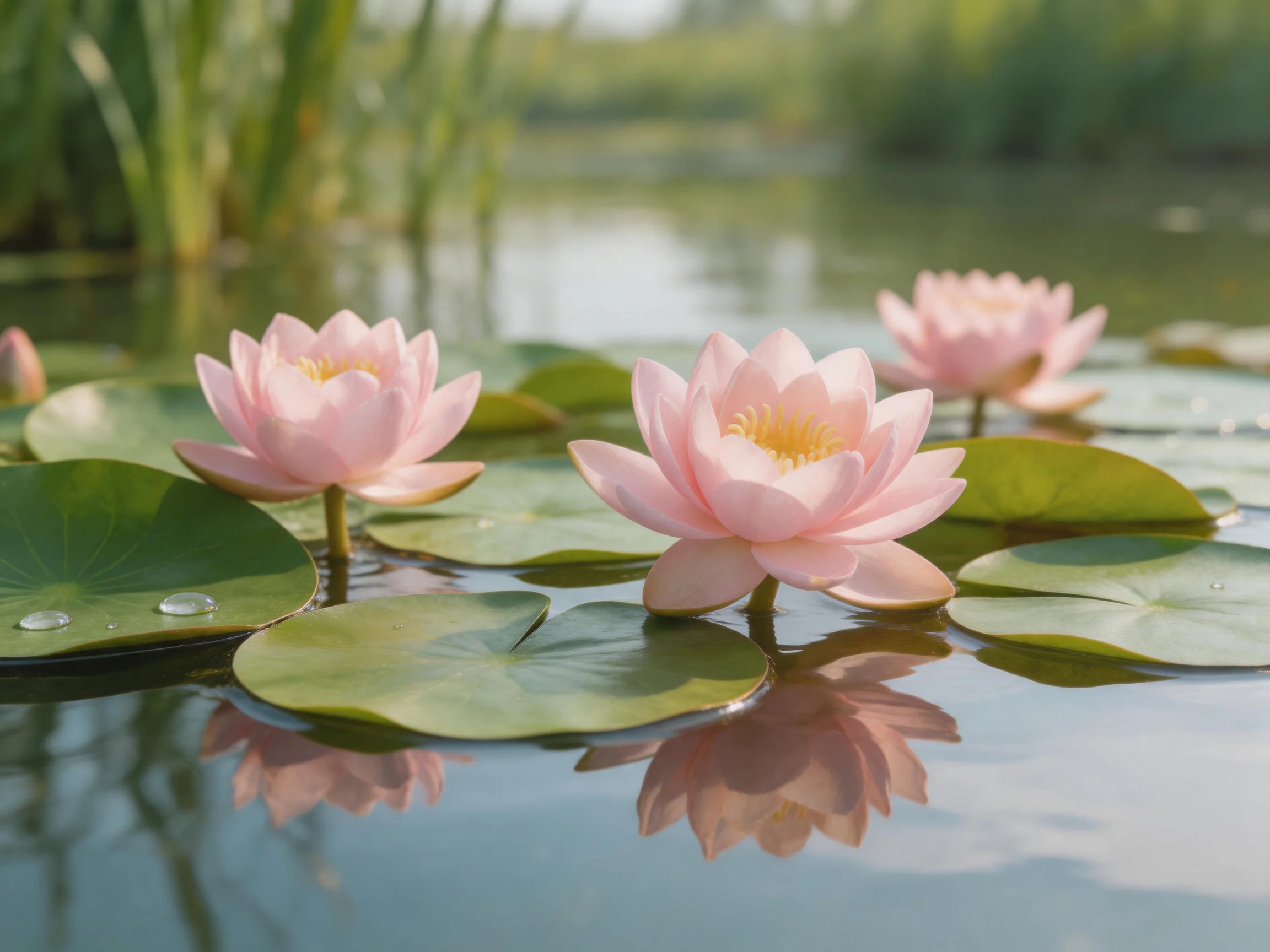 Three pink water lilies float among large green lily pads in a serene pond.