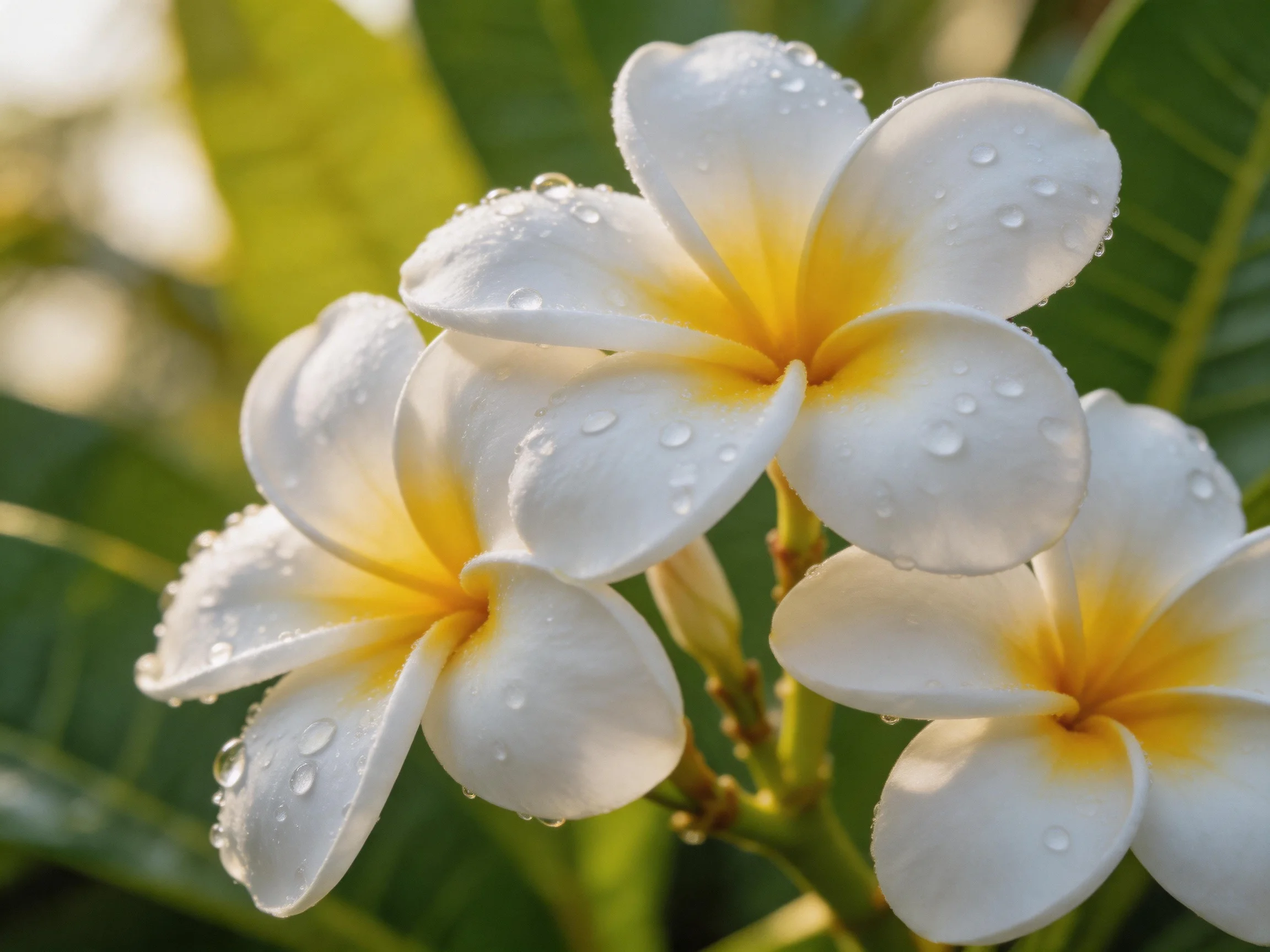 Three plumeria flowers with dewdrops, white petals, and yellow centers