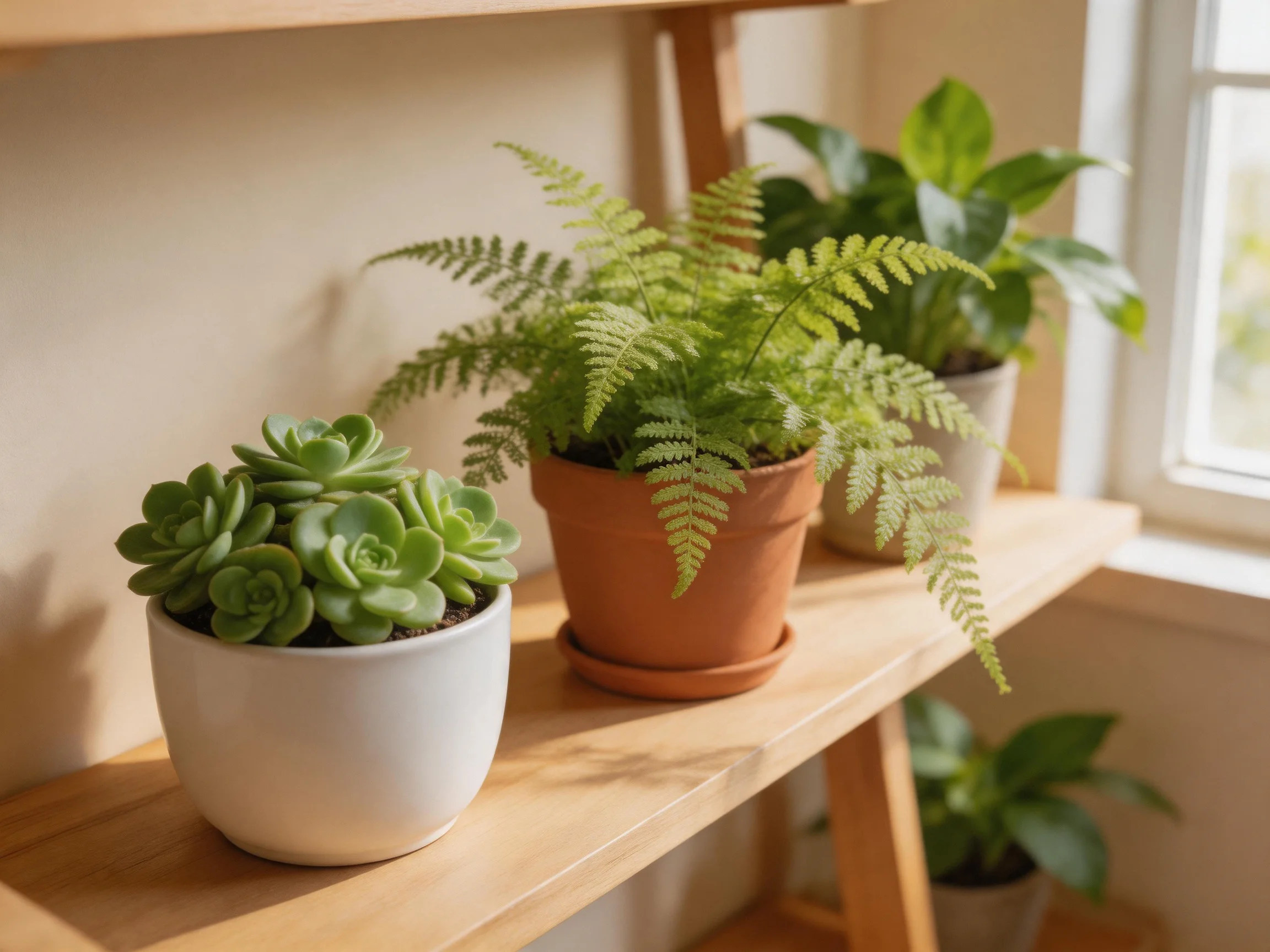 Three potted green plants arranged on a wooden shelf by a window
