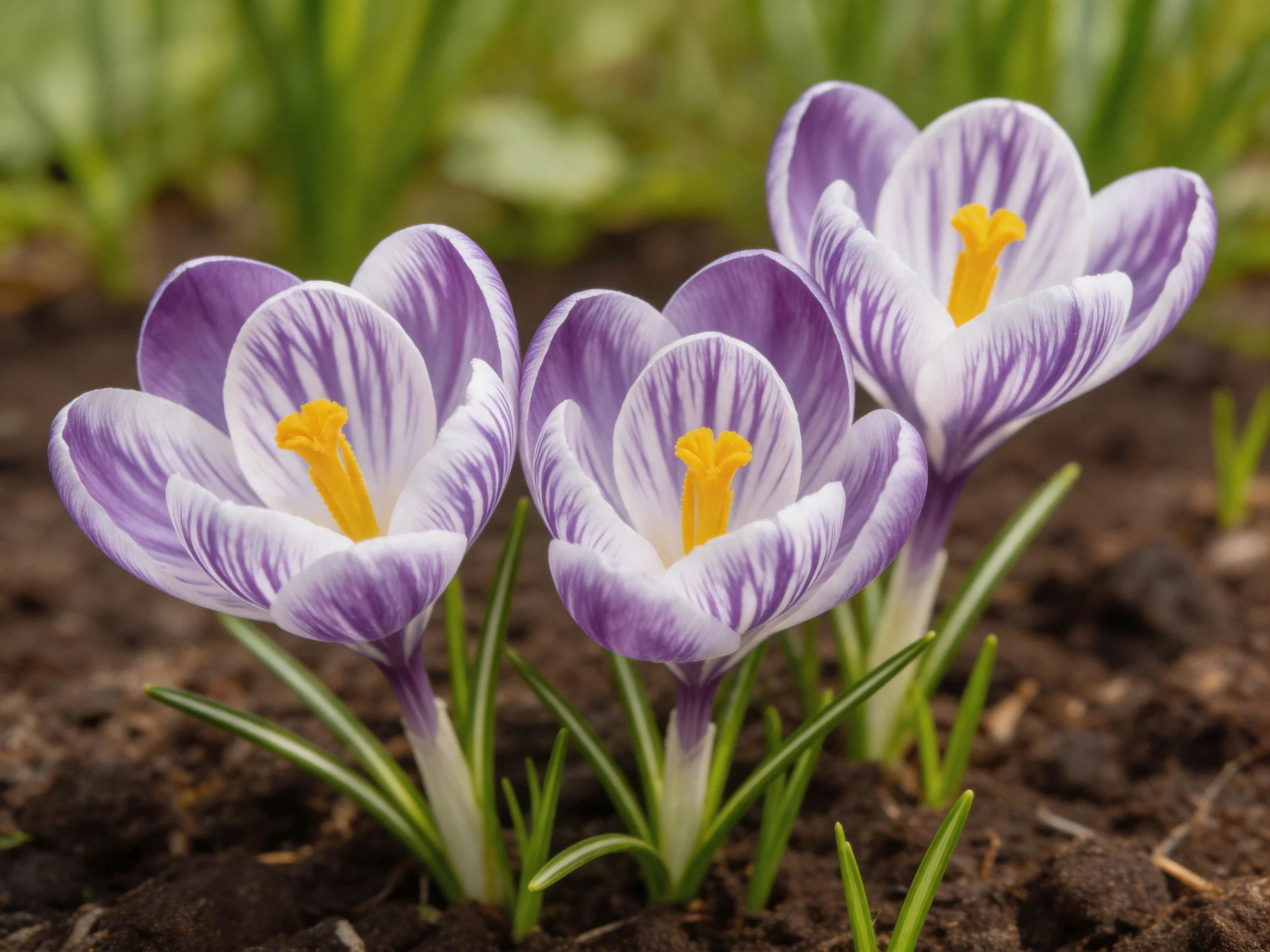 Three purple-and-white crocuses bloom in rich soil