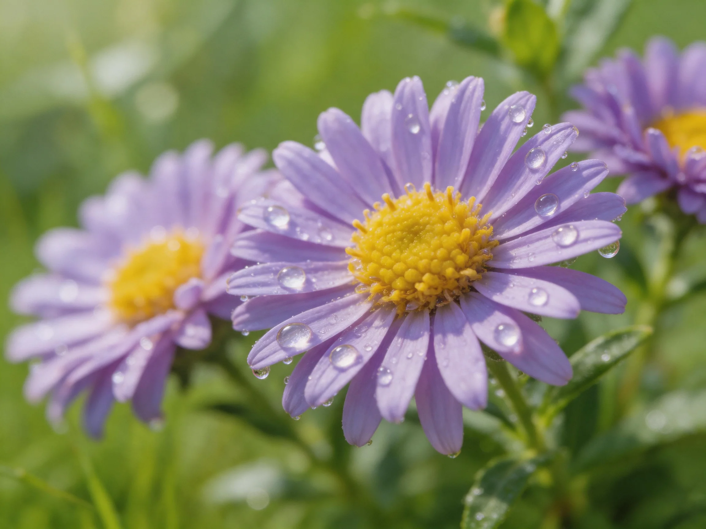 Three purple aster blooms with dewdrops