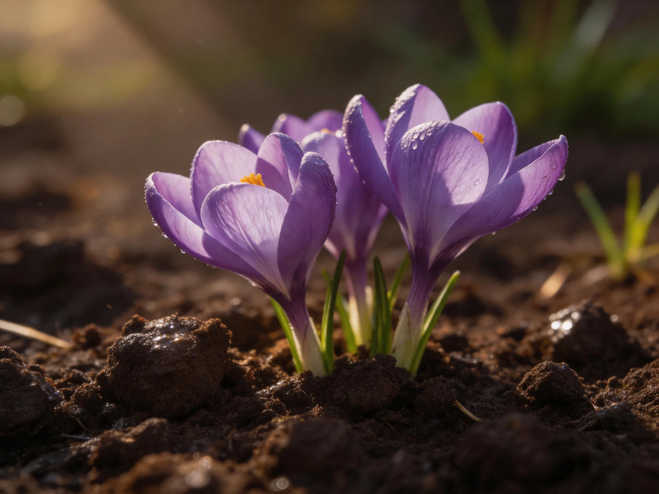 Three purple crocus blooms emerge from rich dark soil under warm sunlight