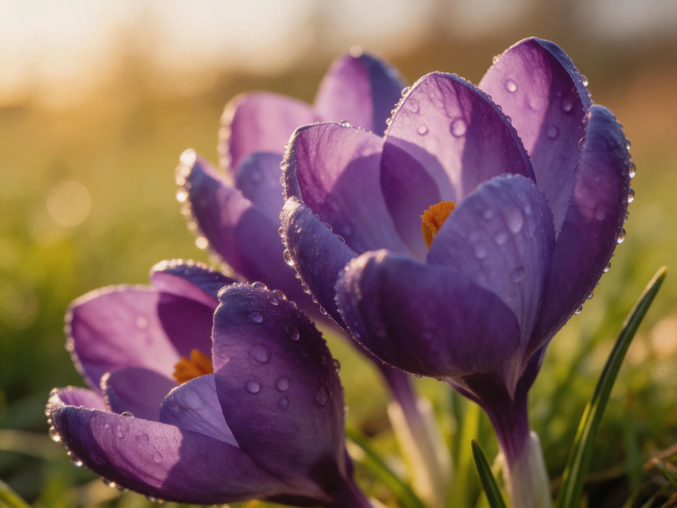 Three purple crocus blooms with dewdrops in natural light