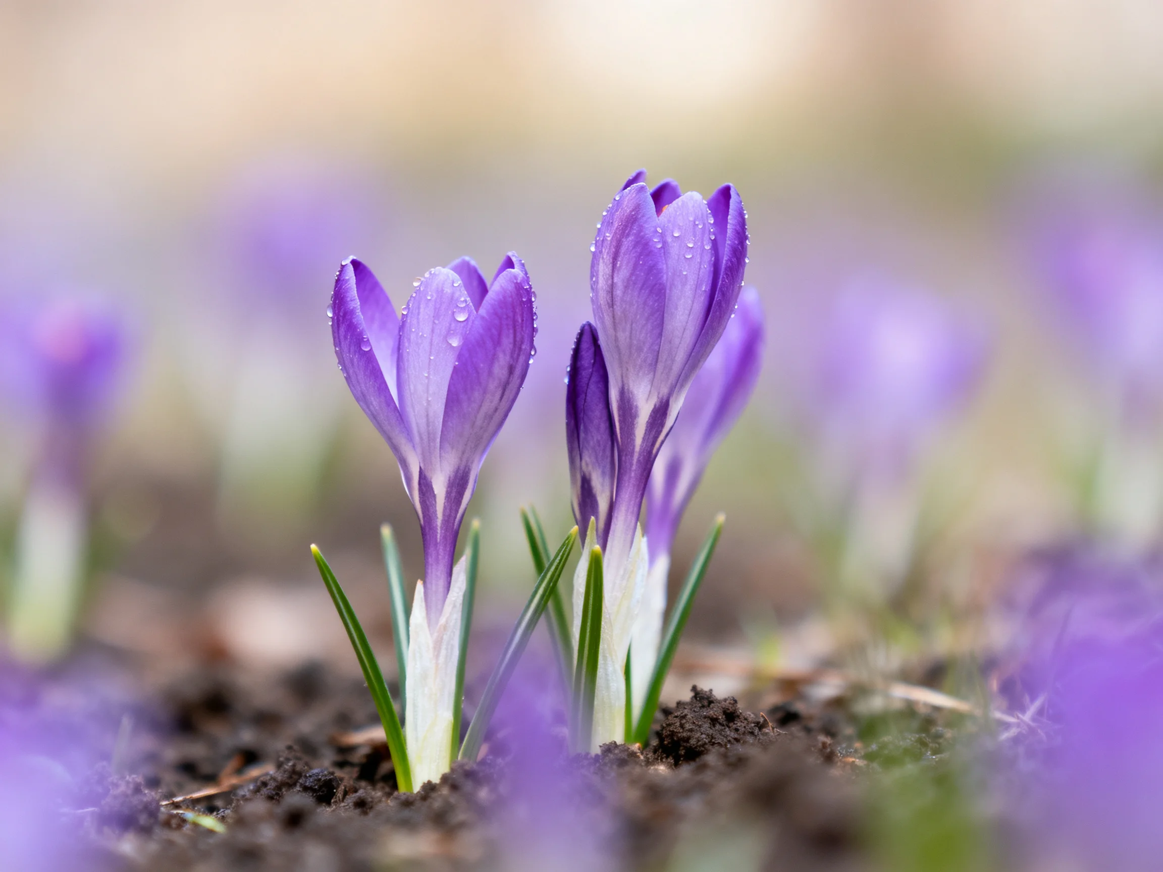 Three purple crocus blooms with dewdrops in soft earth