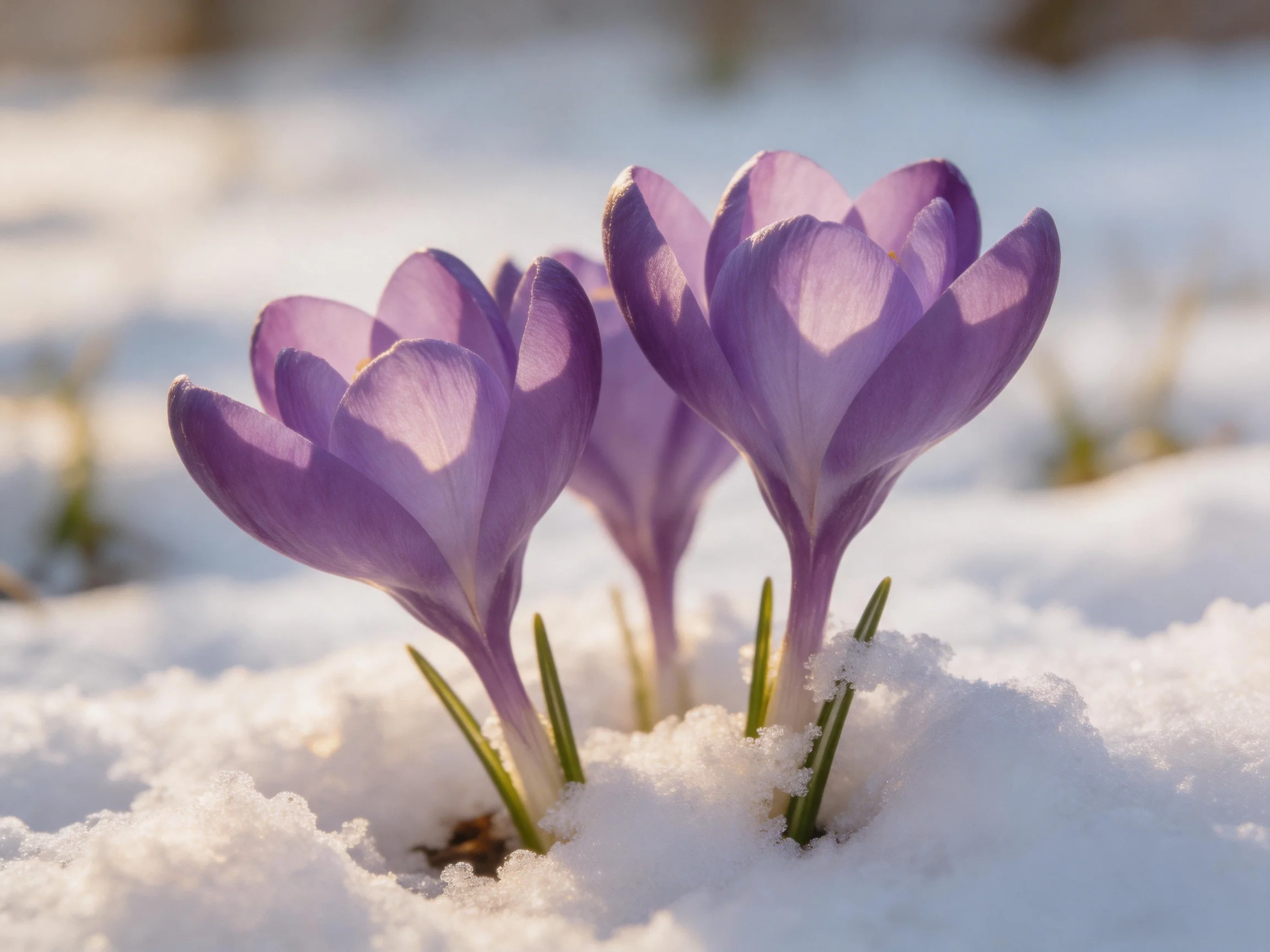 Three purple crocus flowers bloom through fresh white snow