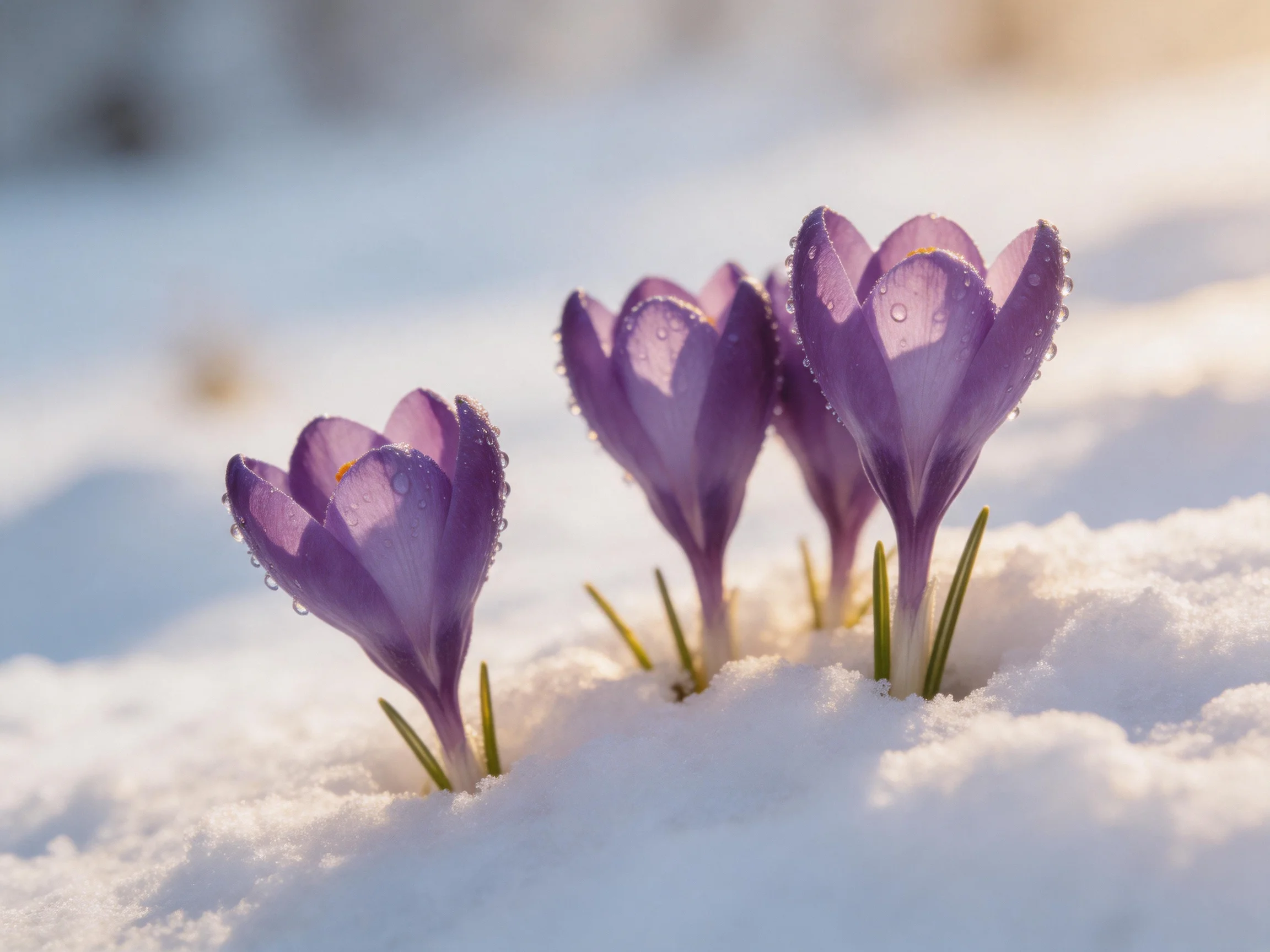 Three purple crocus flowers blooming through fresh white snow