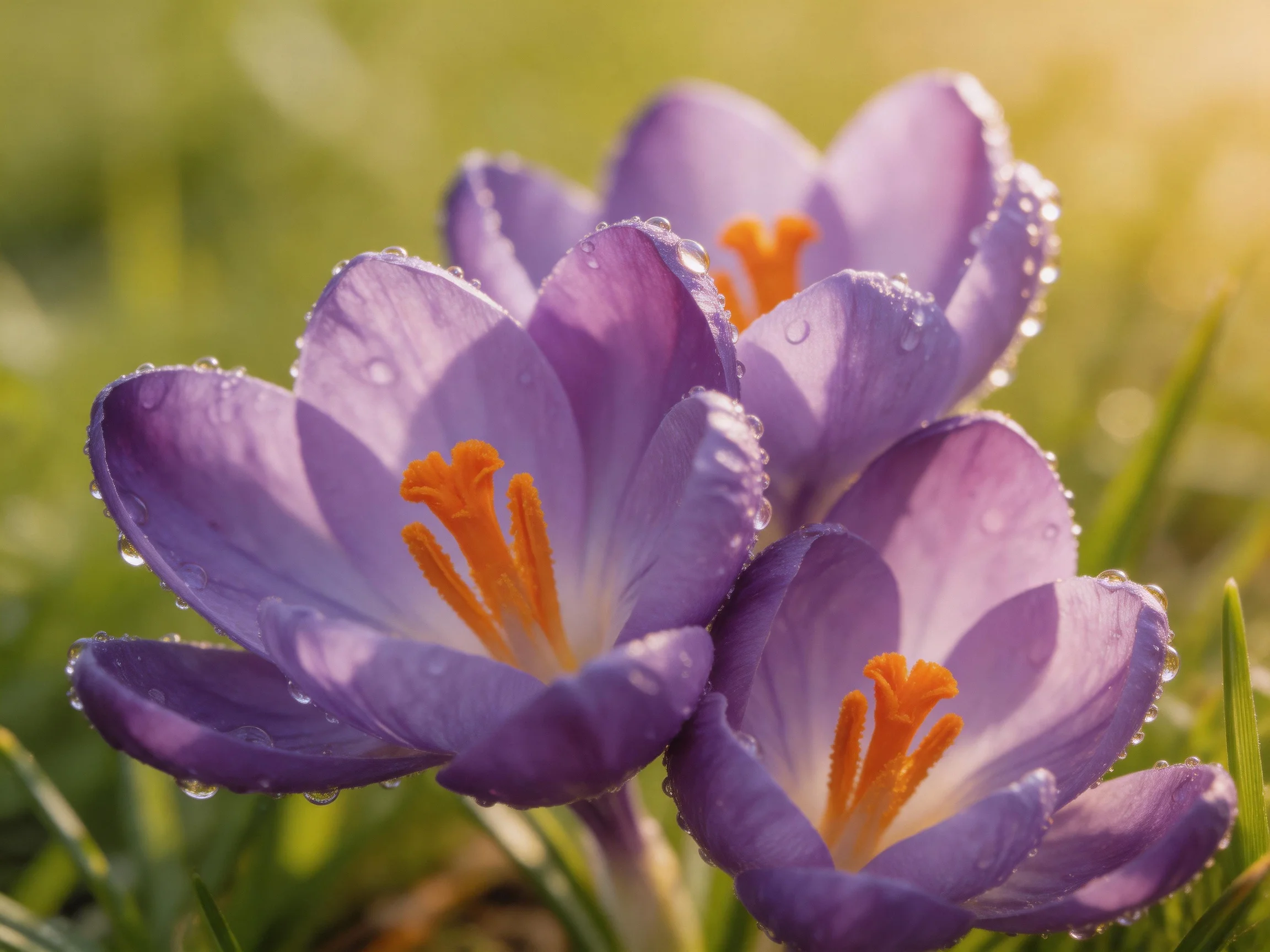 Three purple crocuses adorned with dewdrops in a sunlit meadow