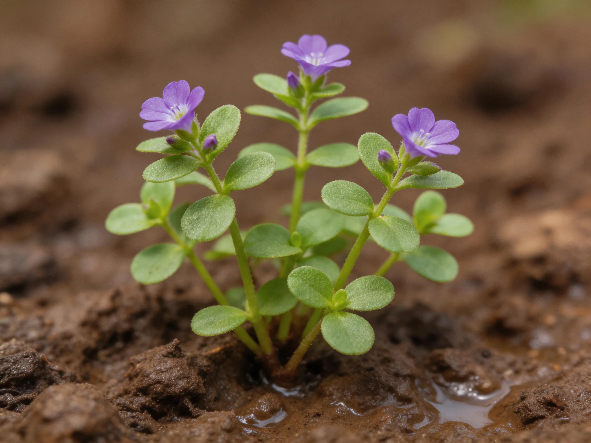 Three purple flowers atop a small green-leaved plant in brown soil